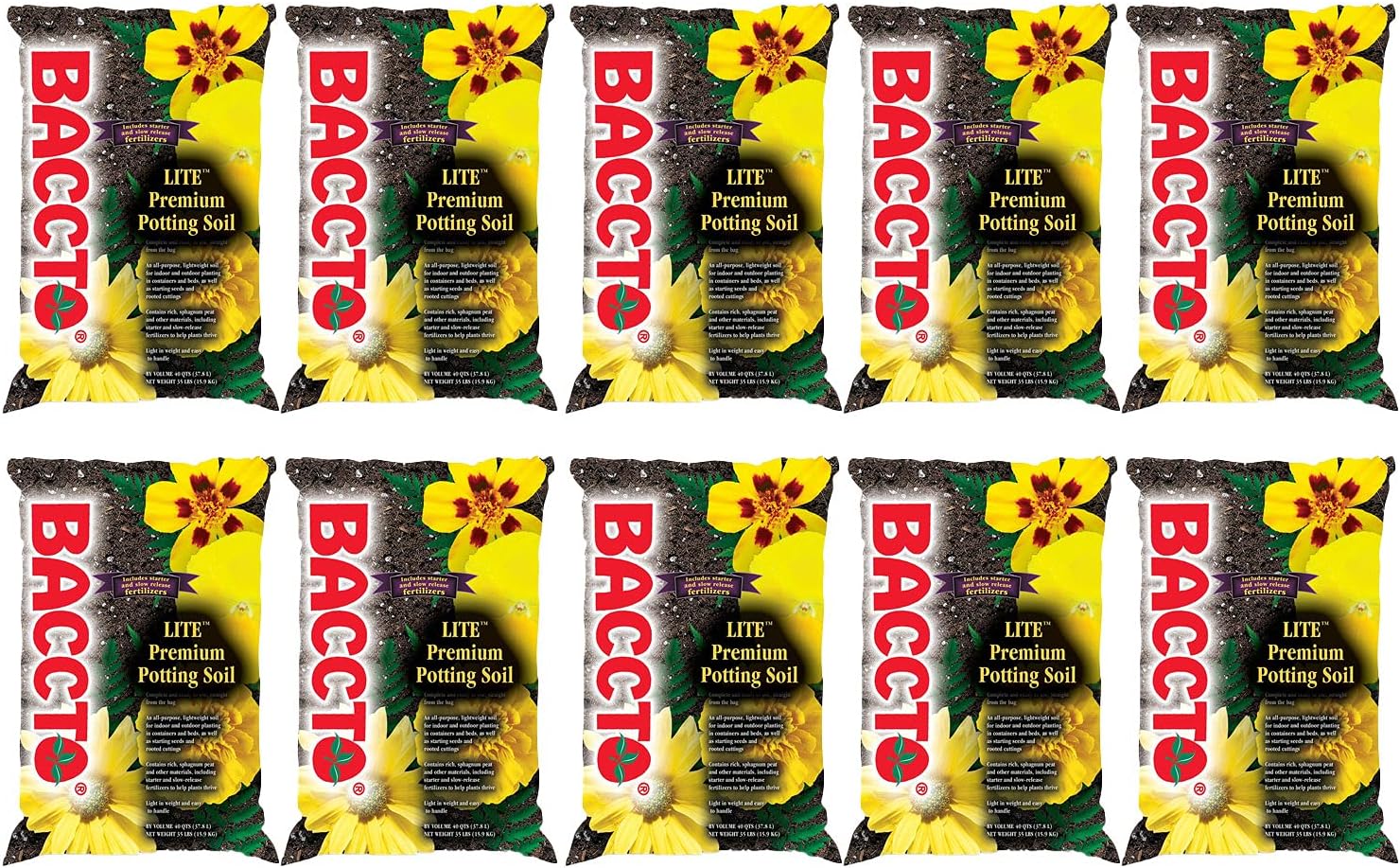 Michigan Peat 1440 Baccto Lite Premium Potting Soil for Indoor Outdoor Gardening, Seed Starting, Propagation, and More, 40 Quart Bag (10 Pack)
