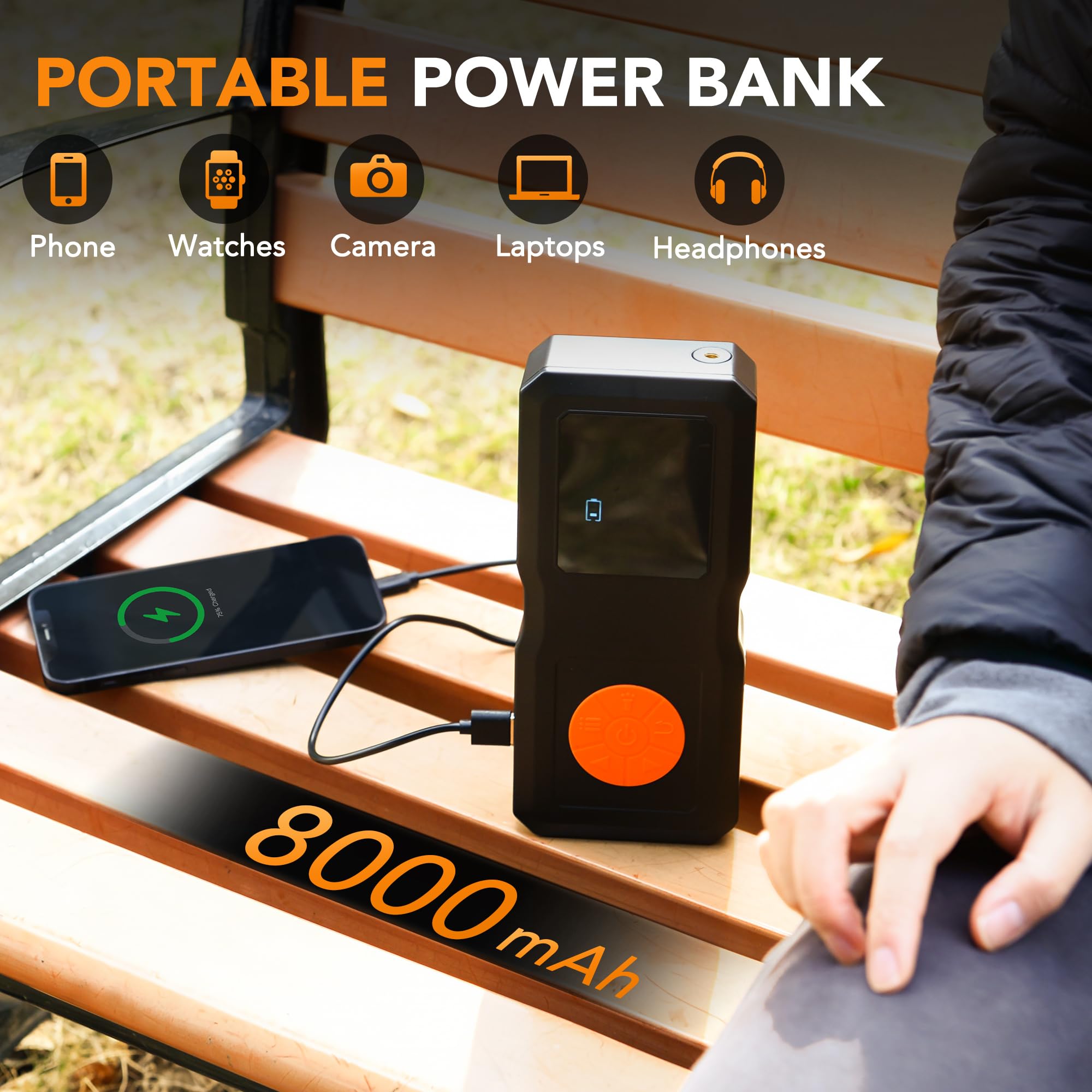 Démarreur de batterie de voiture avec compresseur d'air, kit de démarrage portable adapté aux véhicules à essence et diesel de 1,5 à 8 L (toutes les batteries 12 V), gonflage rapide des pneus et
