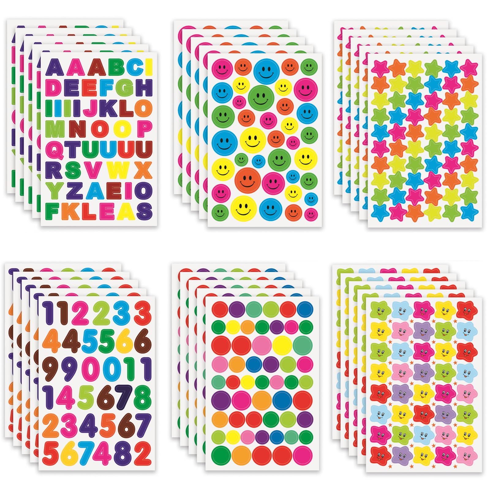 Jinpojun 30 Hojas Pegatinas Infantiles, 1300+ Pegatinas Autoadhesivas Recompensa Niños Pegatinas de Estrella Smiley Stickers para Trabajos Creativos, Decoración, Bricolaje