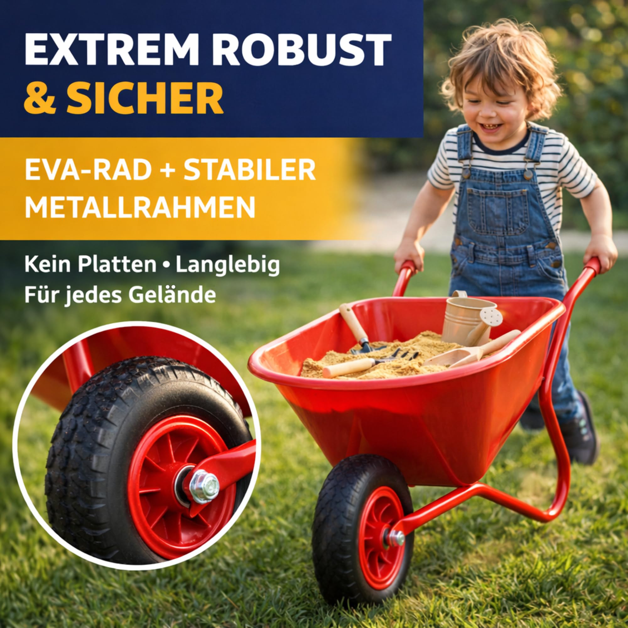 Kinder Schubkarre aus Metall – robuste Kinderschubkarre mit Eva Rad, Stabiler Rahmen, ideal für Garten & Sandkasten, Spielzeug ab 3 Jahren