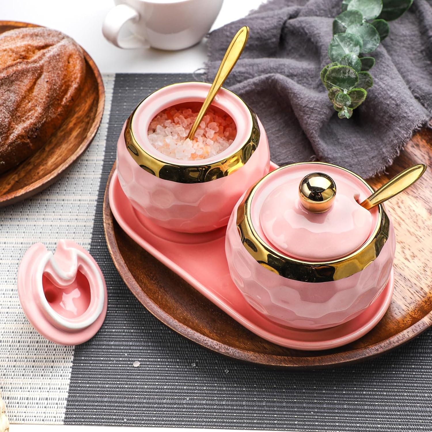 10oz Ceramic Sugar Bowl, Golf Design Porcelain Salt Bowl Salt Container Sugar Bowl with Lid and Spoon for Home and Kitchen Coffee Bar (Pink (2pcs))