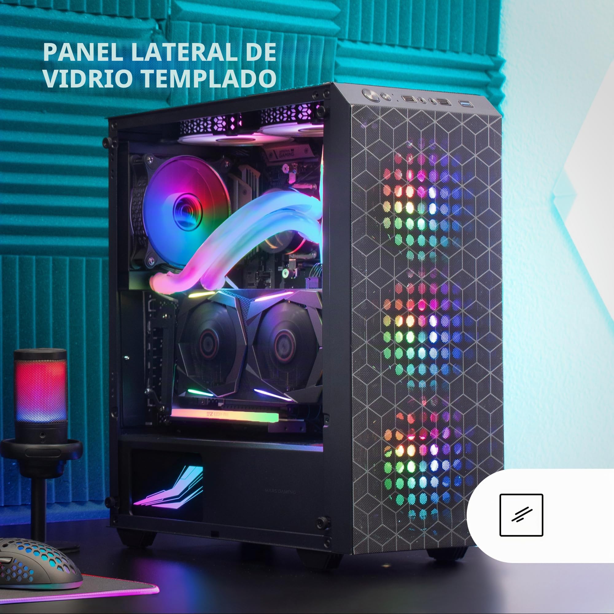 Mars Gaming MC-mag, Caja Gaming ATX, Ventana Lateral Completa Cristal Templado, Doble Rejilla Magnética Antipolvo Frontal + Superior, 3X Ventiladores FRGB 120mm, Refrigeración Líquida 360mm, Negro