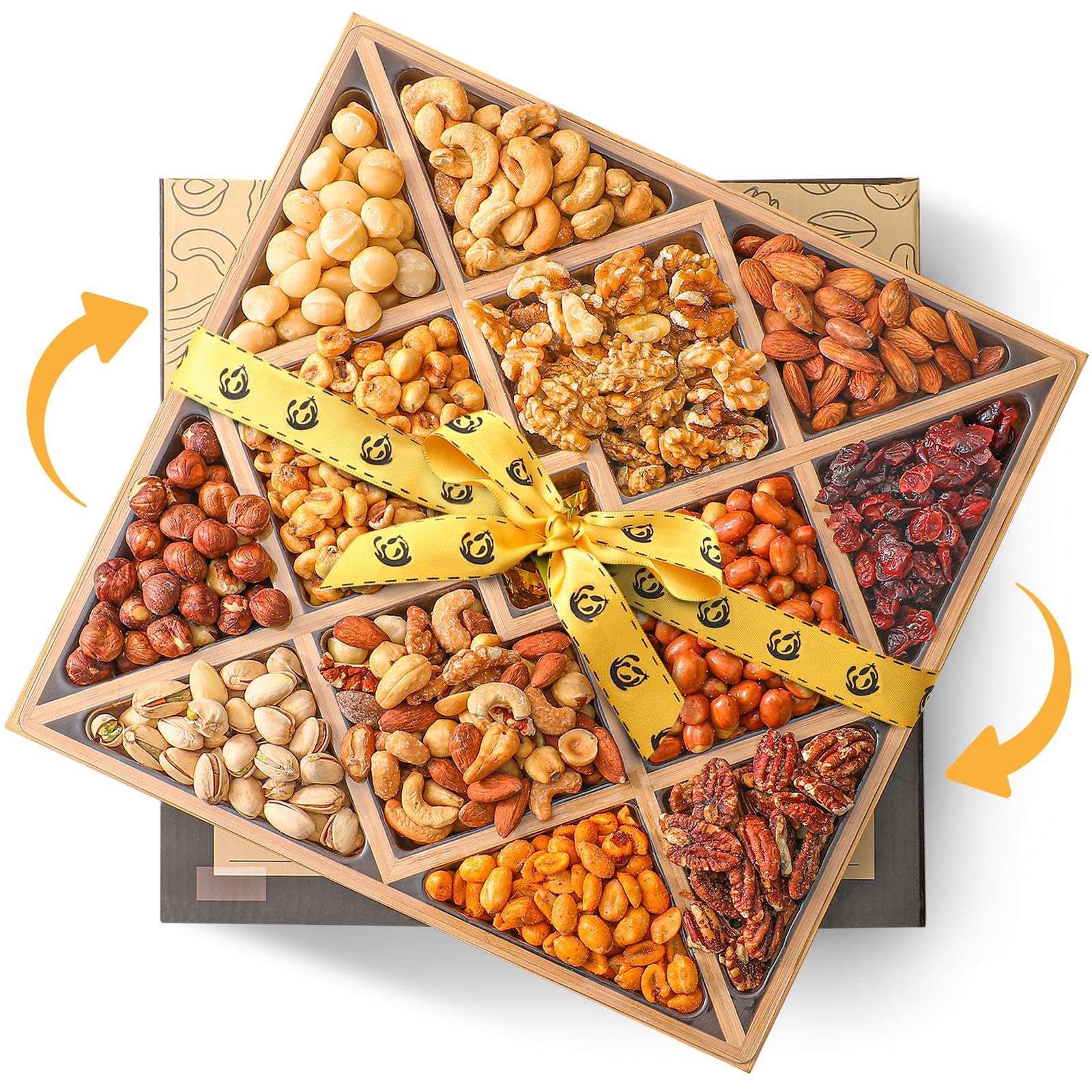 Gourmet Mixed Nuts Christmas Gift Basket with Lazy Susan in Sleek Bamboo Wood Reusable Platter | XL 2.5 lb Platter Includes 12 Assortments of Premium Nuts, Kosher