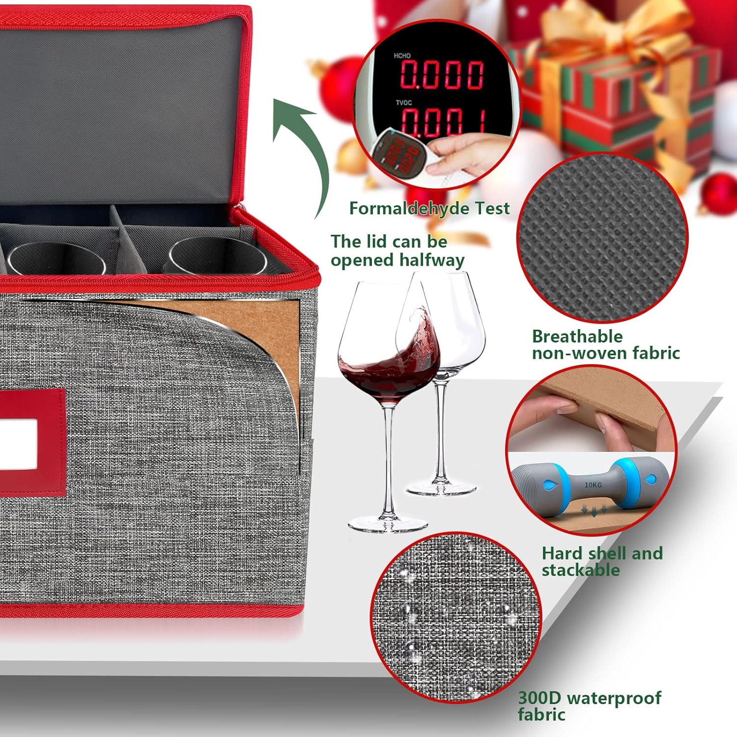 VERONLY Wine Glass Storage Box with Dividers, Stemware Storage Case Hard Shell Stackable for Up to 12 Glasses, Crystal Glassware Containers for Holidays (Grey and Red)