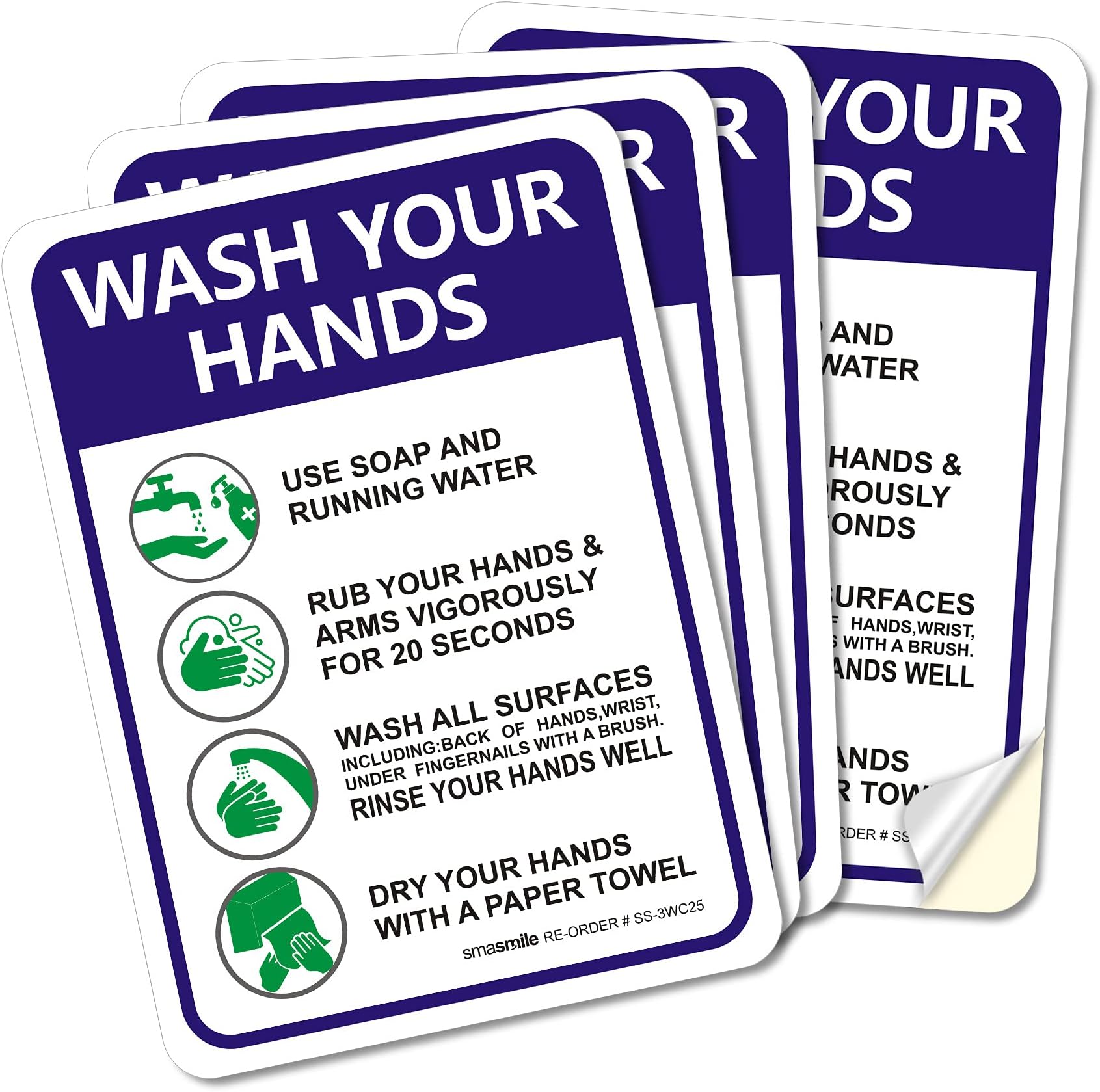 Please Wash Your Hands Sign Stickers, 4 Pack 7x10 Inch 4 Mil Self-Adhesive Vinyl, Weatherproof and UV Protected, Indoor & Outdoor, Employees Hand Washing Sign