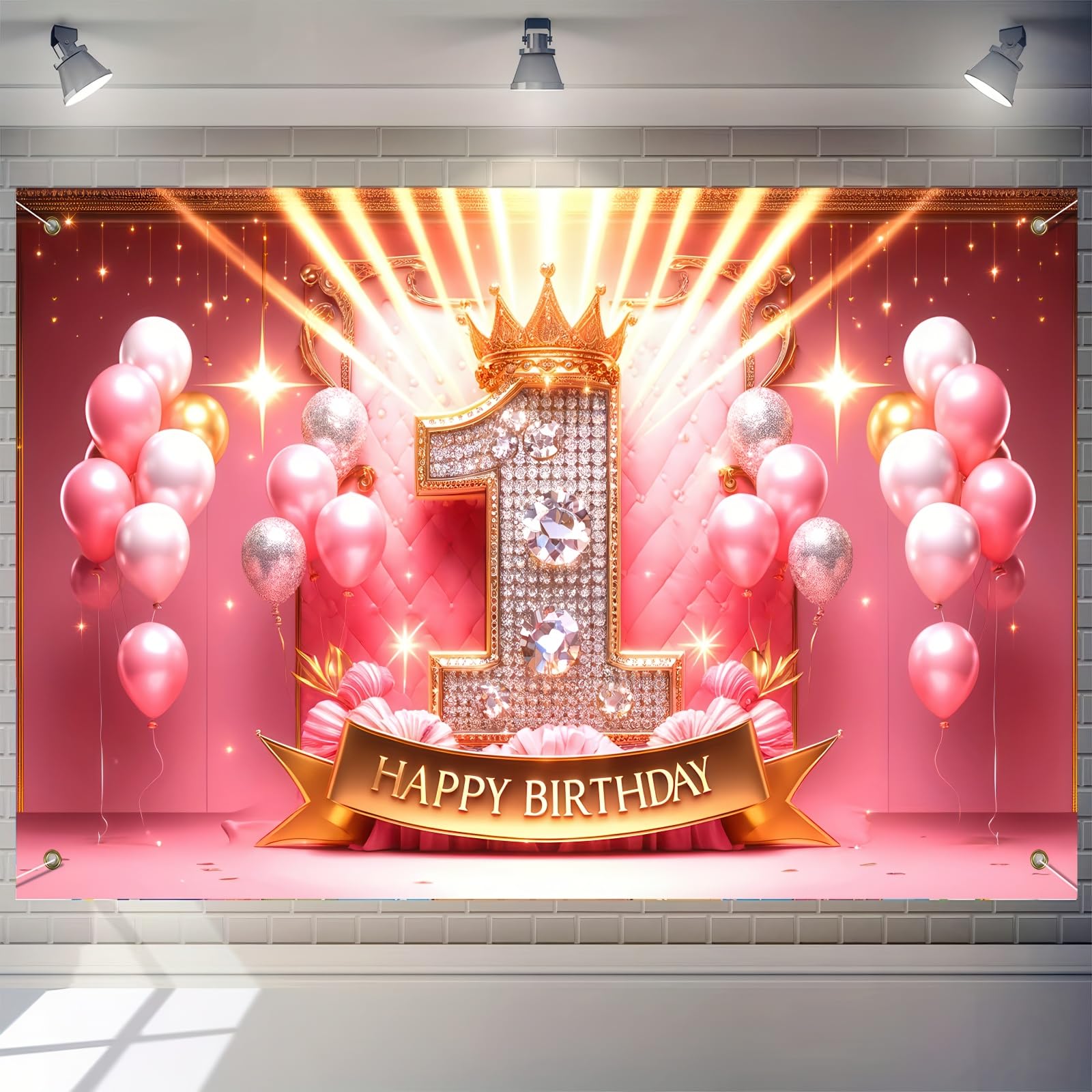 BlissYard Happy 1st Birthday Banner Crown Queen Princess Decoration Pink and Gold for Baby Girl Photo Booth
