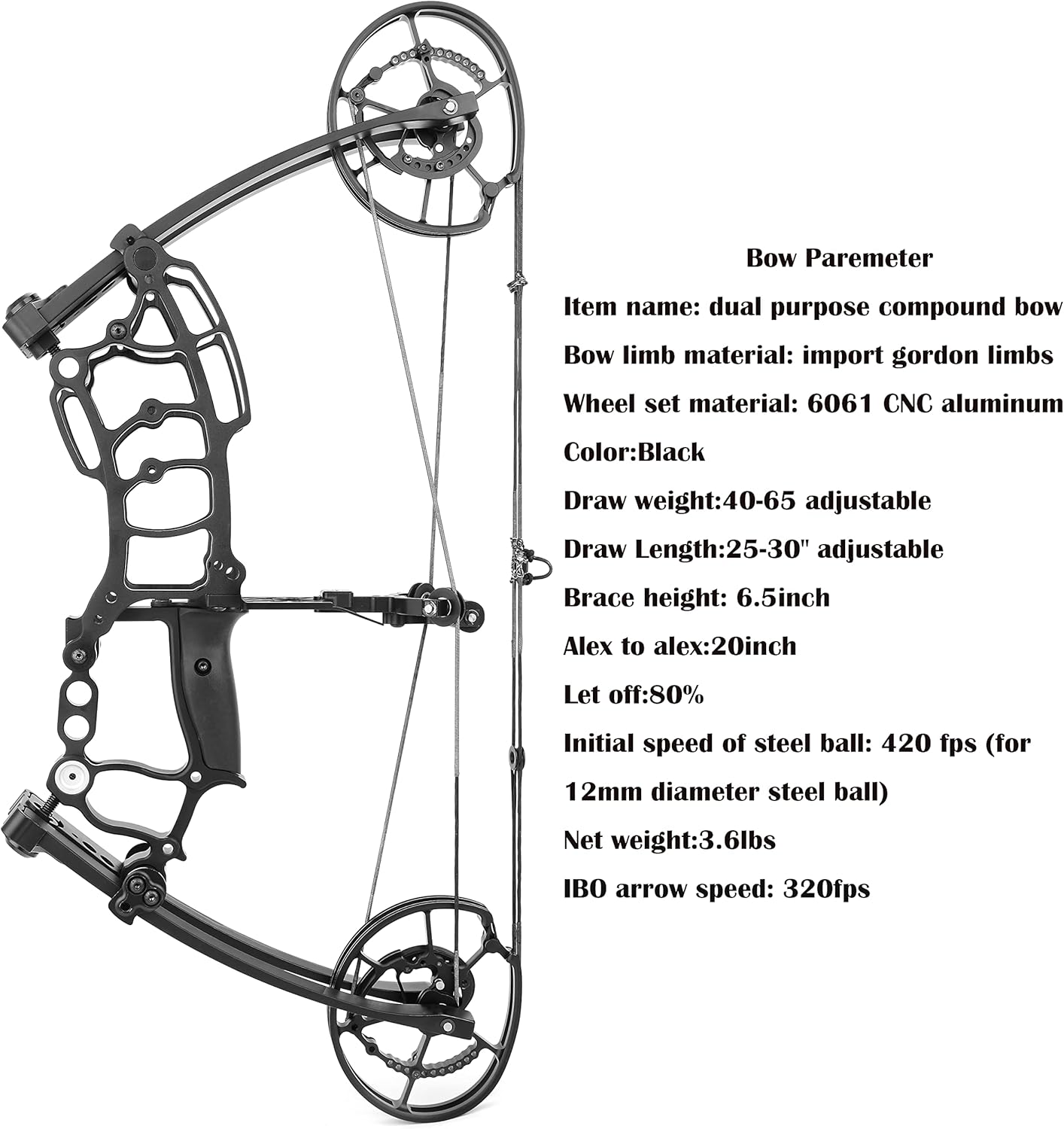 Compound Bow for Steel Ball and Arrow, Dual-Purpose Compound Bow, Hunting Catapult Bow, Draw Weight 40-65lbs Adjustable, Limbs Made in USA,Short-Axis Compound Bow,Left/Right Hand Avalible