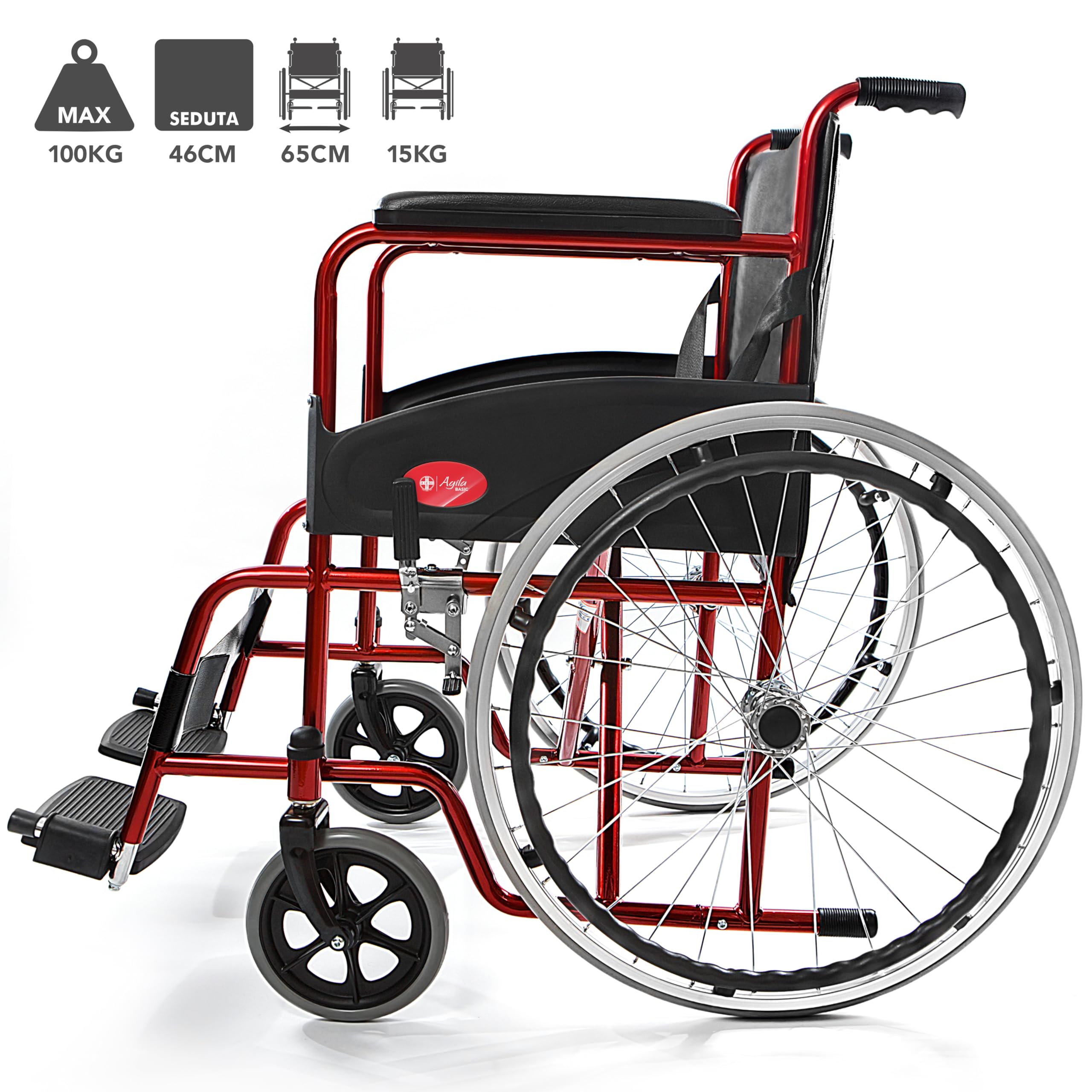 AIESI® Sedia a Rotelle pieghevole leggera ad autospinta per disabili ed anziani AGILA BASIC, Braccioli e Poggiapiedi fissi, Cintura di sicurezza, Garanzia Italia 24 mesi