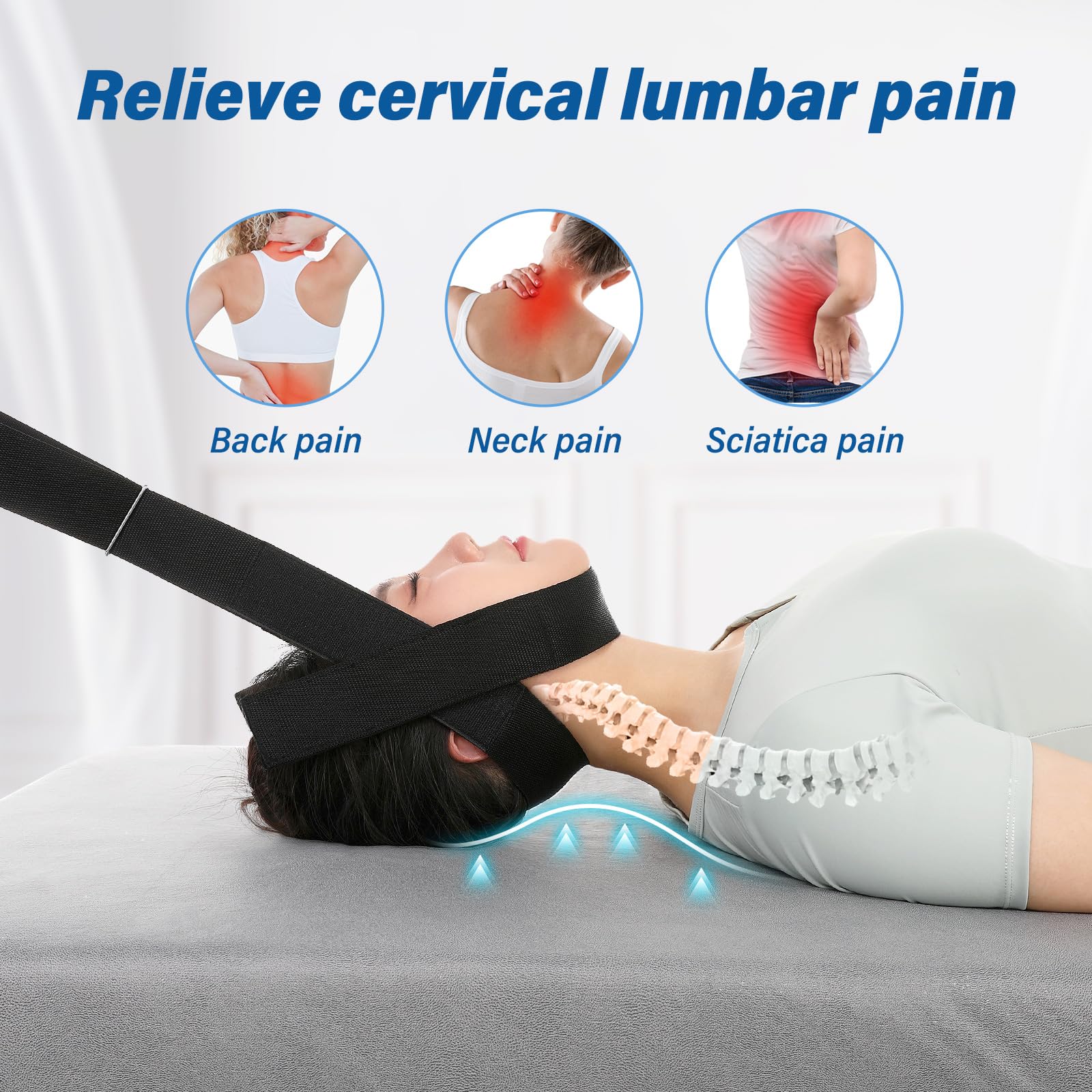 Correa estiradora de cuello con correa para la barbilla. Herramienta de descompresión quiropráctica de columna vertebral para aliviar las molestias del cuello y el dolor de cabeza.