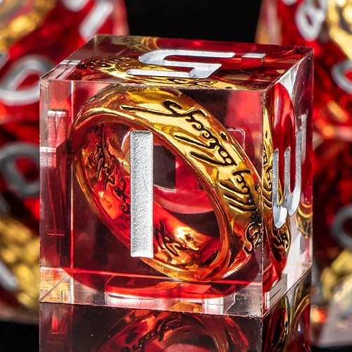 OUKELANWO Magic Lord Rings DND Dice Set with Box, 7Pcs Resin LOTR D&D Dice Set for Role Playing Game, Red Dungeons Dragons D and D Sharp Edge Dice D20 D12 D10 D8 D6 D4 - Red & White