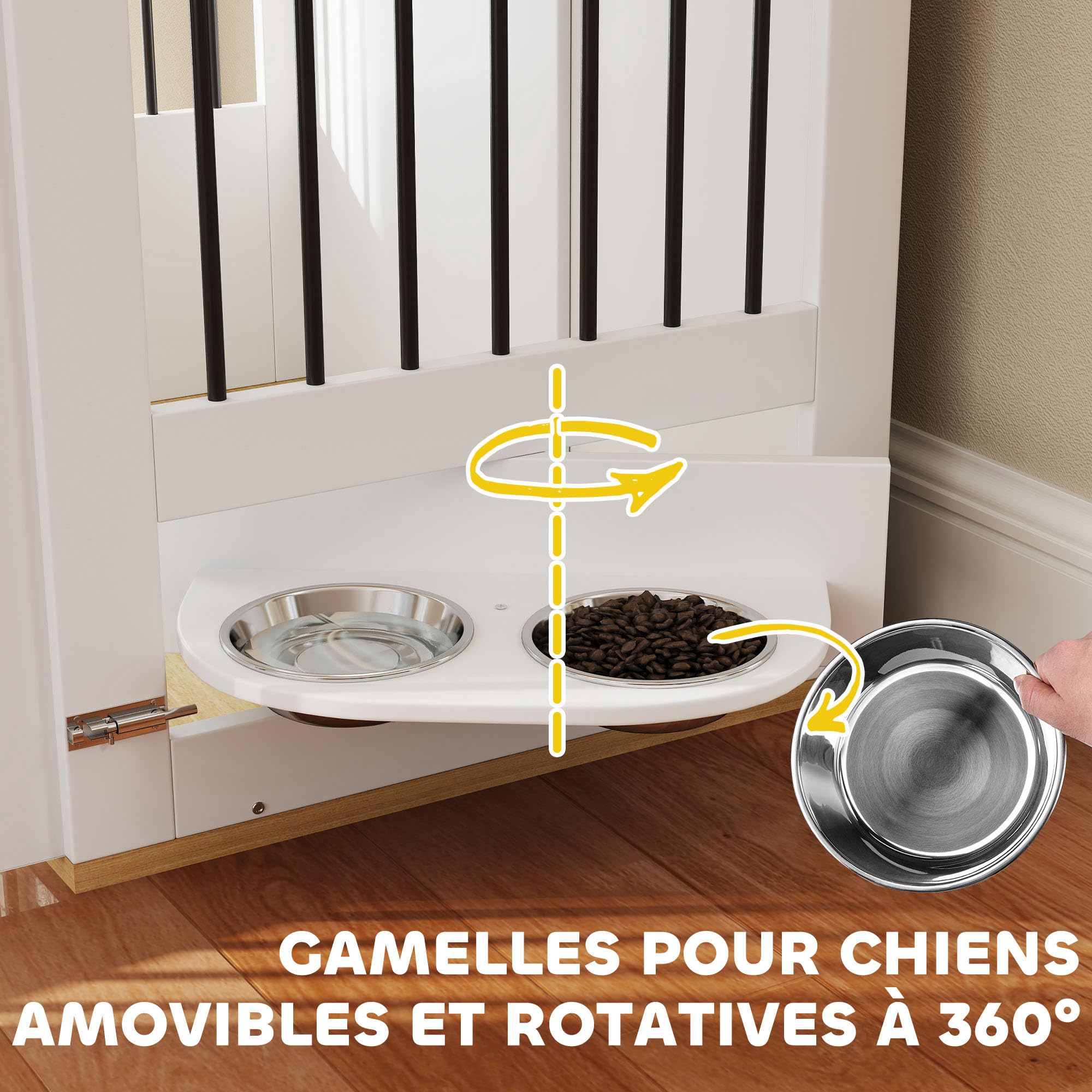 Pawhut Cage pour Chiens, Table d'appoint, Meuble Cage Chien intérieur, maisonnette pour Animaux avec gamelles Amovibles et rotatives à 360°, 2 Portes, pour Taille Moyenne, Blanc