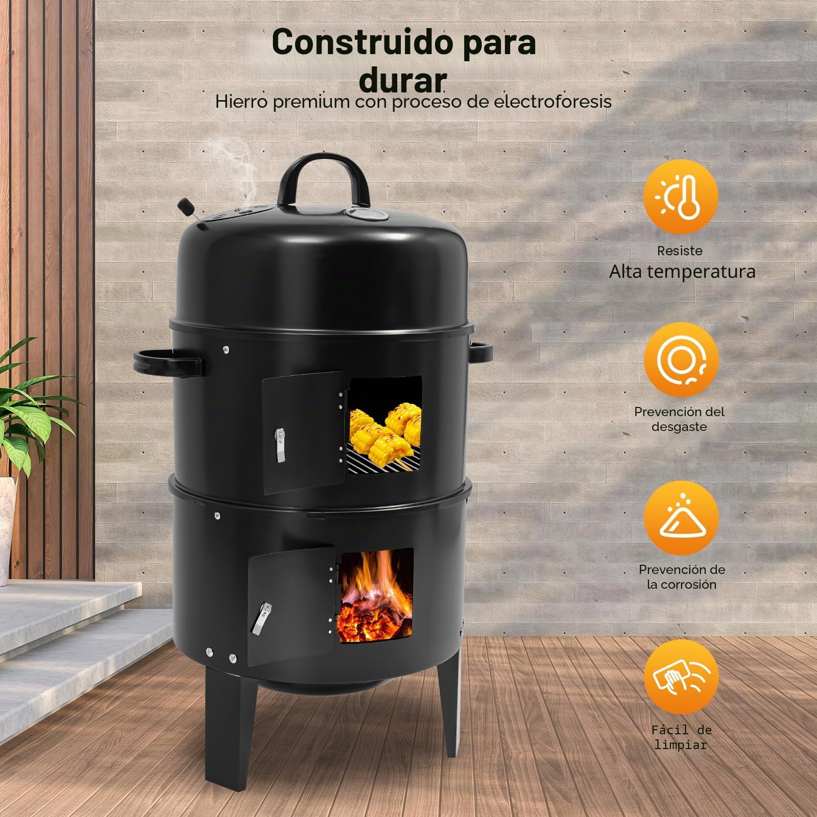 Horno para ahumar 3 en 1, barbacoa de carbón, parrilla para ahumar, con tapa y termómetro, parrilla de jardín, parrilla redonda, diámetro de 40 cm, 3 pisos
