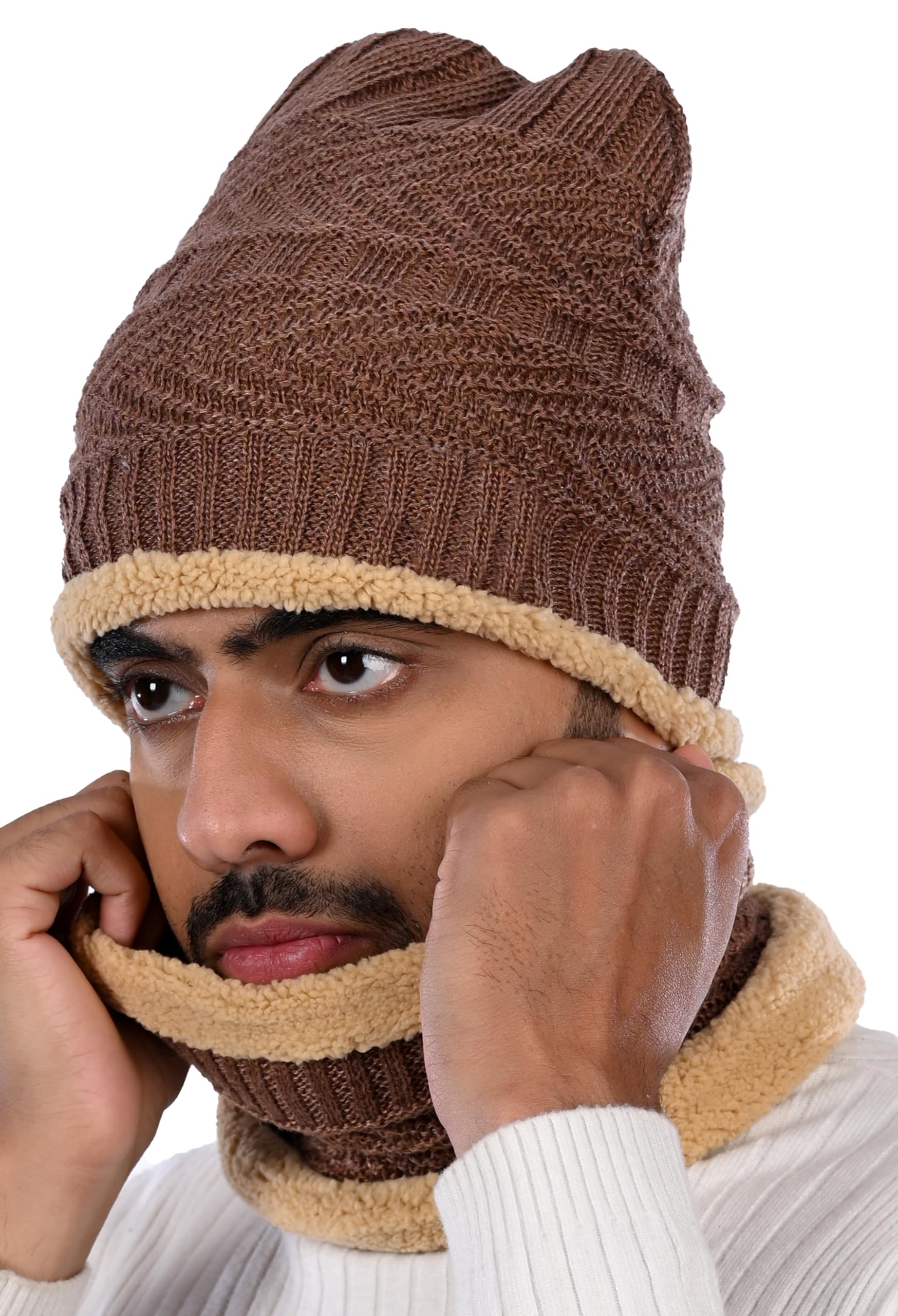 MUKHAKSH (Pack of 1 Set = 1 Beanie + 1 Neck Warmer Boys Winter Woolen Warm Brown Sherpa Beanie Neck Warmer Cap for Extreme Weather Cold Winter 1