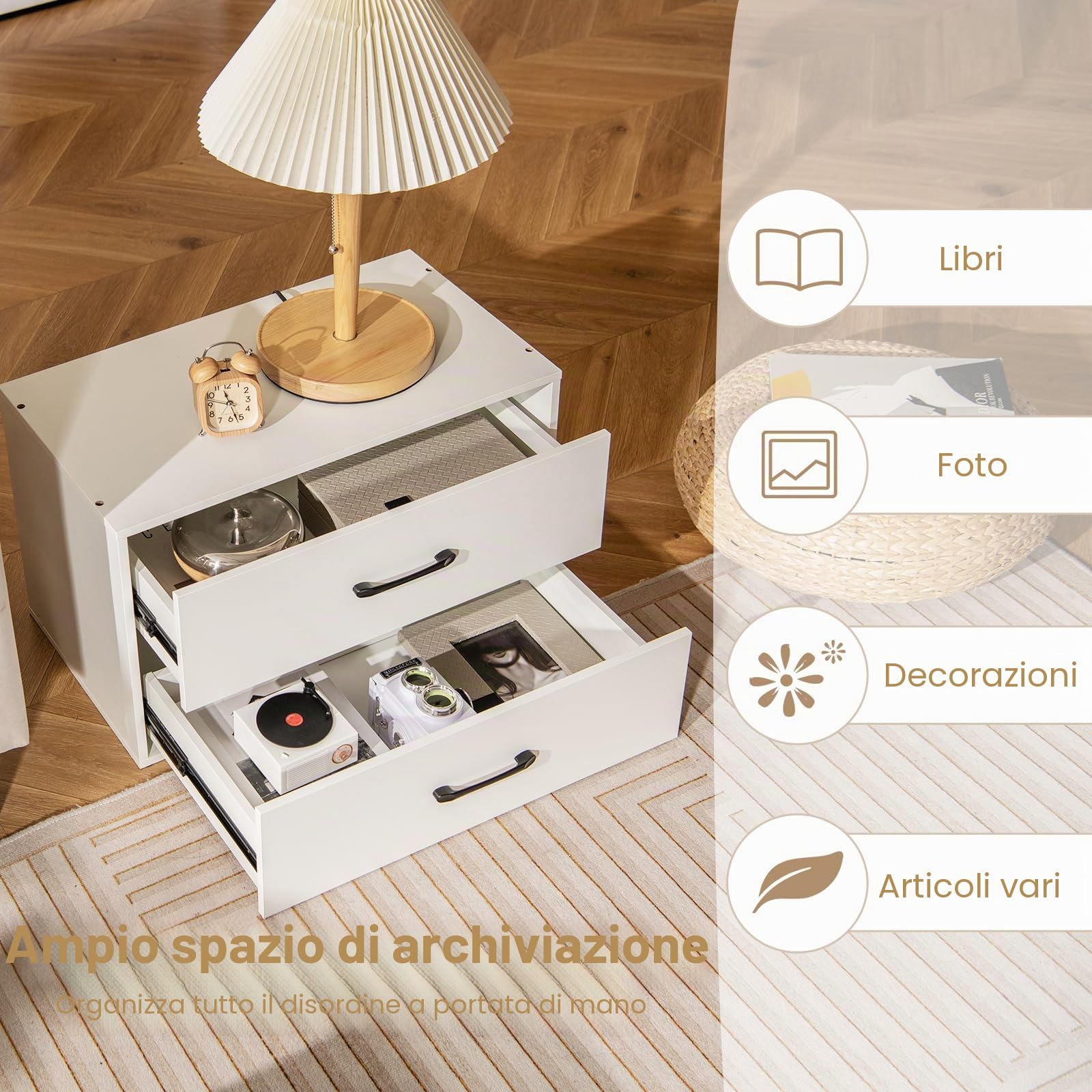 KOMFOTTEU Cassettiera con 2 cassetti, dispositivo antiribaltamento, piccolo mobile in legno, per camera da letto, soggiorno, ufficio, comodino, 60 x 34 x 38 cm (bianco)