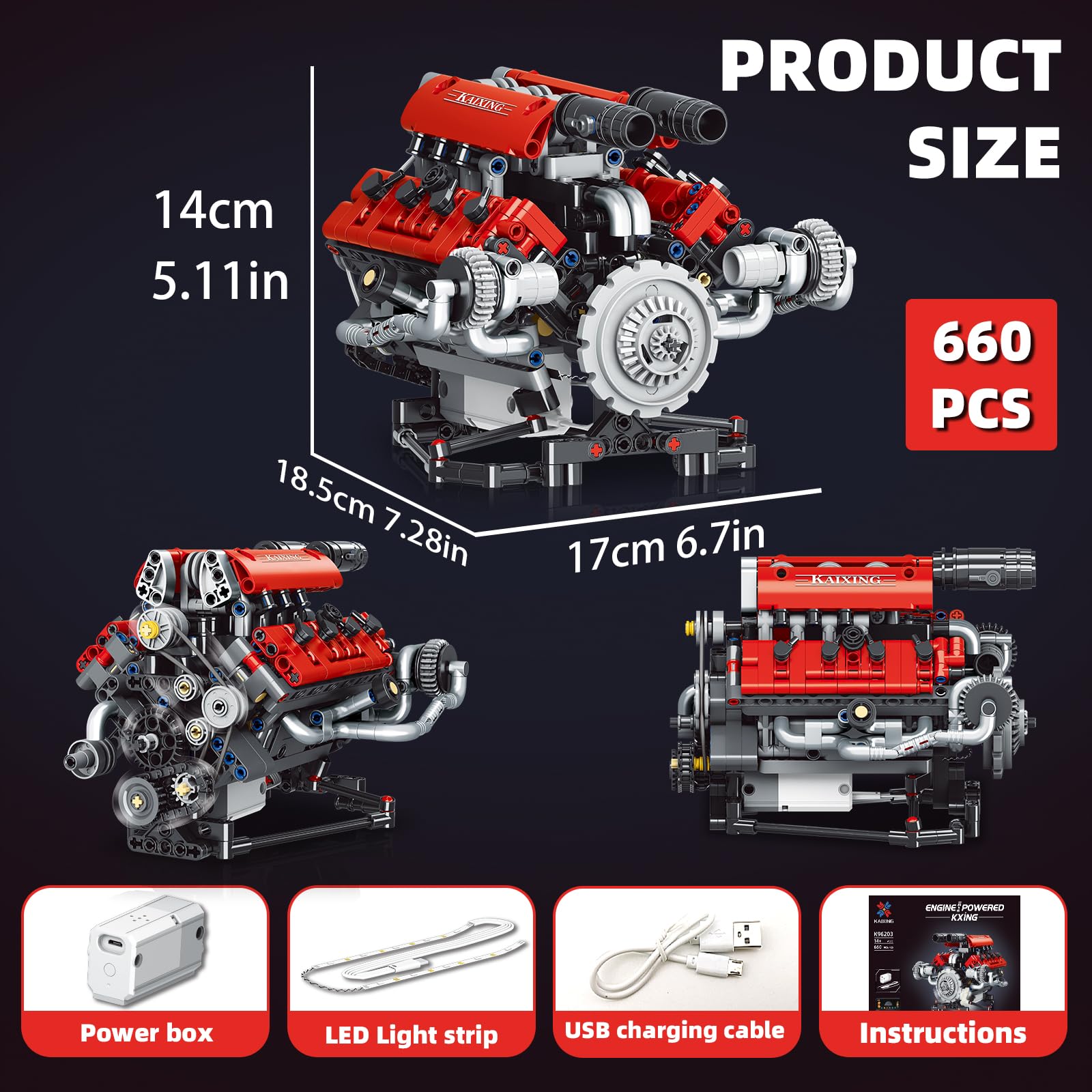 Mini V8 Engine Building Kit That Runs，Engine Building Blocks with LED Light for Adults,Engine Model Set Construction STEM Toy for Kids Boys (660 Pcs)