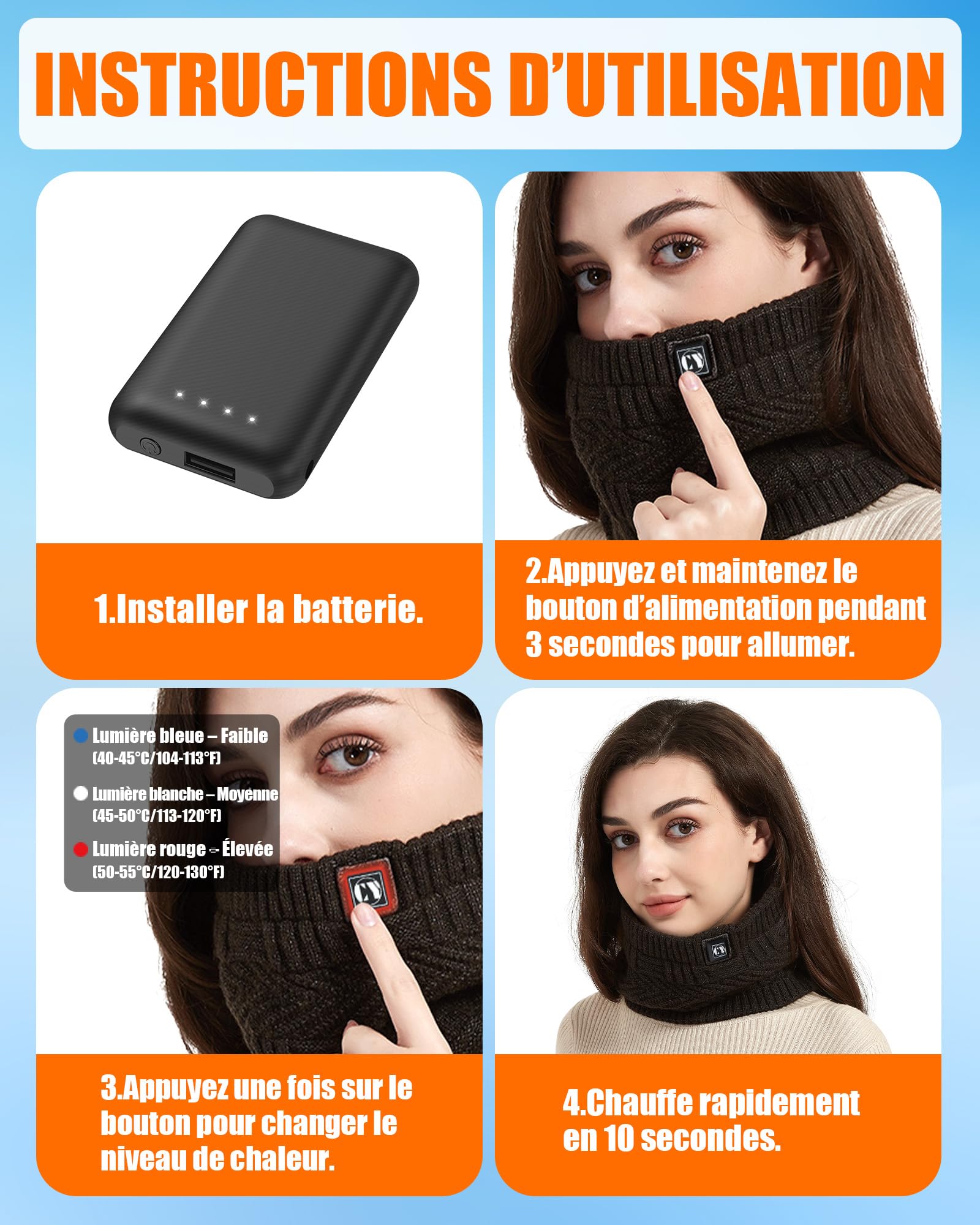Écharpe Chauffante avec Batterie 4000mAh - Écharpe Électrique pour Hommes & Femmes, 3 Niveaux de Chauffage, Idéal pour Hiver, Ski, Randonnée et Activités Extérieures (Tour de cou chauffant + 4000mAh)