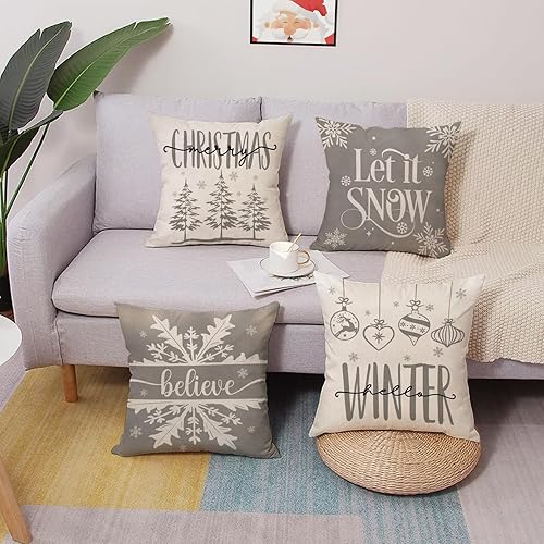 Miniatura 6 de Fjfz Merry Christmas Hello Winter - Juego de 4 fundas de almohada decorativas grises de 18 x 18 pulgadas, diseño de copos de nieve con diseño de