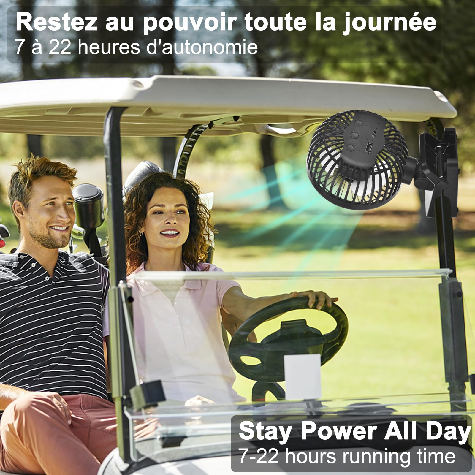 GOBRILLFUN Ventilatore portatile a clip con telecomando, ricaricabile, con funzione power bank, luce LED, timer, adatto per passeggini, golf cart, uffici, campeggio e viaggi (5 pollici)