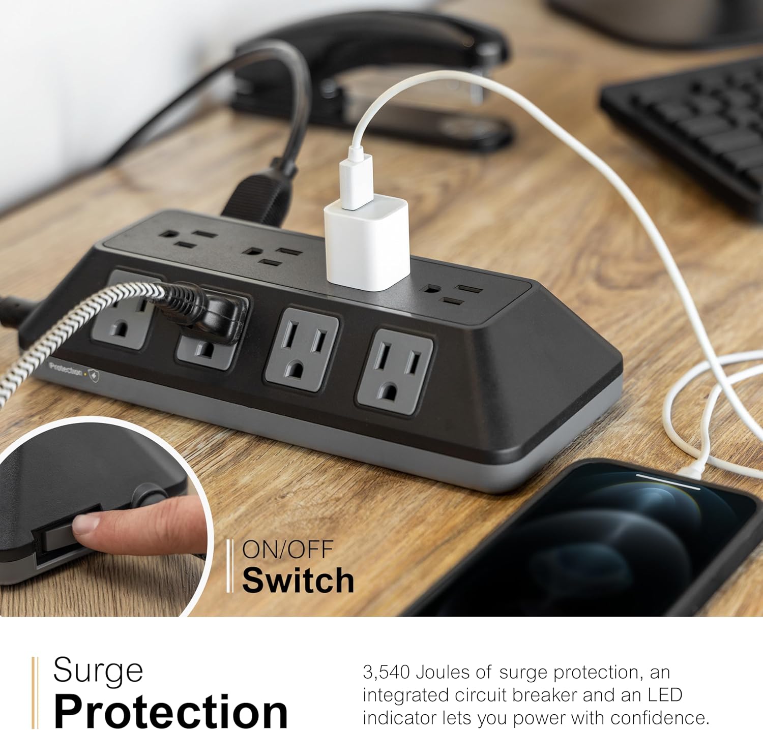 GE UltraPro 12-Outlet Surge Protector, 8 Ft Braided Extension Cord, Multi Plug Outlet Extender, Adapter Spaced, Flat Plug, for Home, Office, Dorm, 3540 Joules, Black, 81784