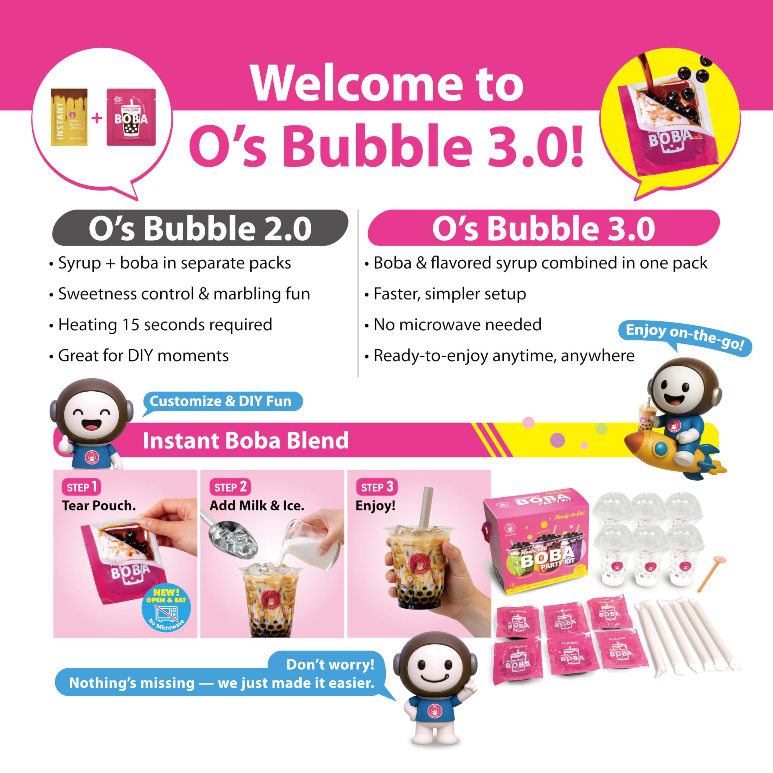 O's Bubble BOBA Party Kit 3.0 - Kit de té Boba todo en uno con Boba masticable - Sabores mixtos - Incluye tazas, popotes, agitador - 6