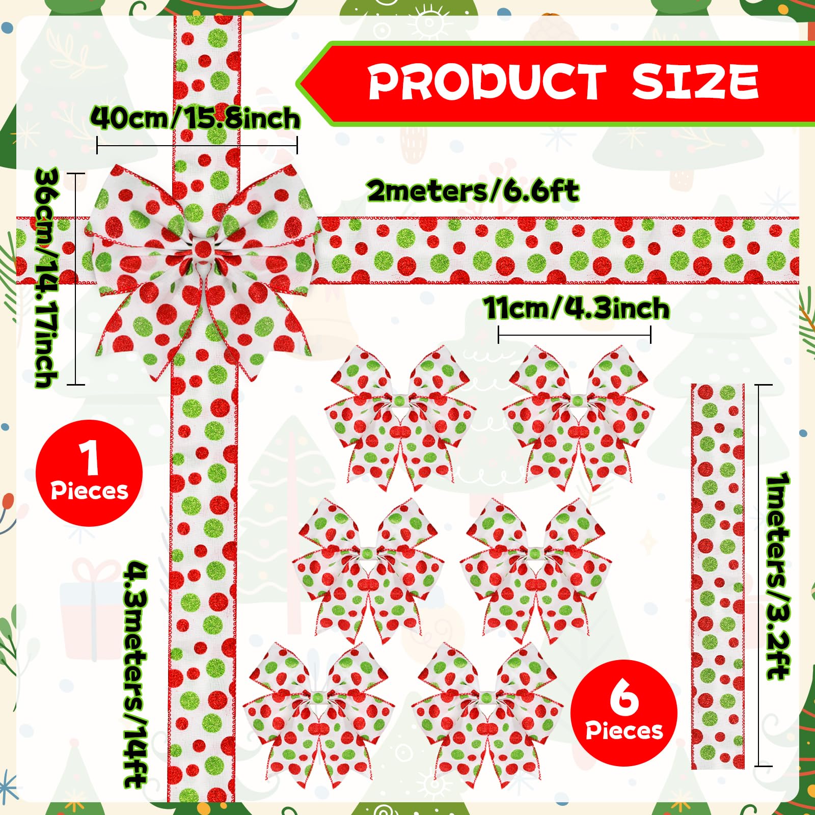 Gosodeny 7 Pcs Christmas Cabinet Door Bows Ribbon Bows Large Red Green Dots Bows Ribbons Front Door Cabinet Door Bows Christmas Christmas Tree Home Party Holiday Decorations (Bright Colors)