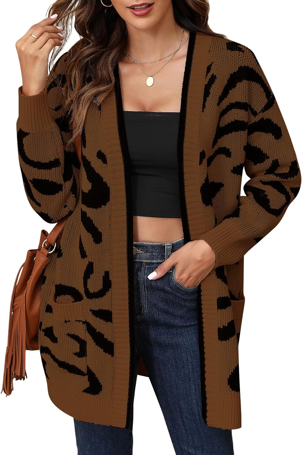 Women's Long Sleeve Animal Pront Cardigan Leopard Knit Sweater Open Front with Pockets Coat S-XL