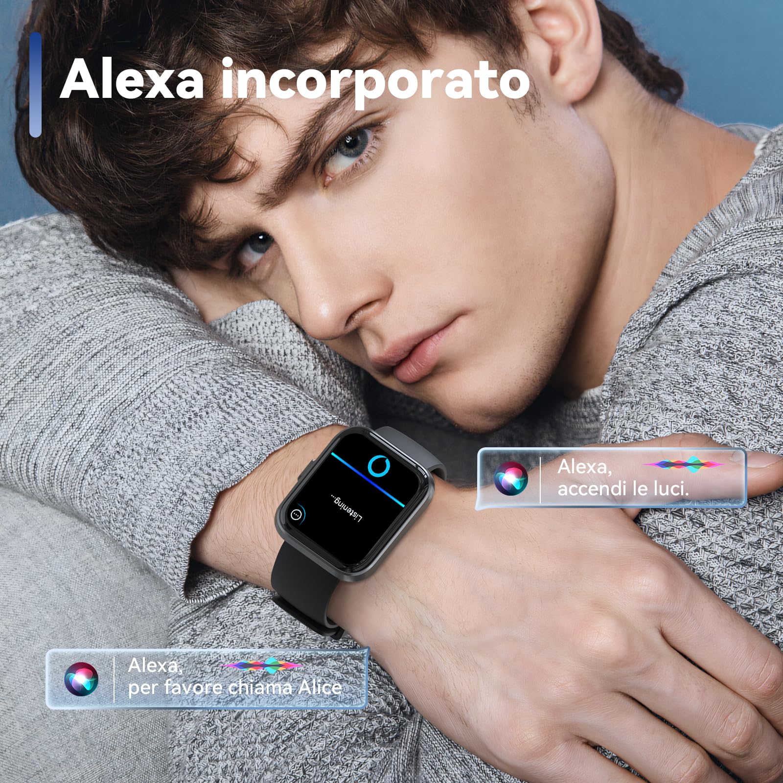 Smartwatch Uomo Orologio, 1,8" Smartwatch Chiamate Risposta Vivavoce, Alexa Integrato Cardiofrequenzimetro SpO2 Sonno, Contapassi Orologio Fitness Notifiche 110 Modalità Sport per Android/iOS Nero