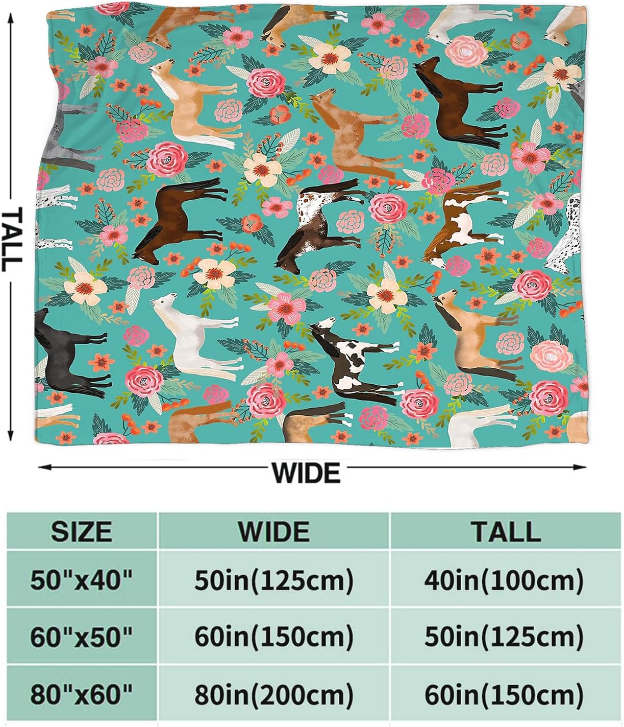 Horse Print Throw Blanket Horses and Flowers Pattern Blanket for Girls Kids Adults Super Warm Soft Cozy Plush Fleece Flannel Blanket for Sofa Couch Bed Birthday Gifts 60inchx80inch