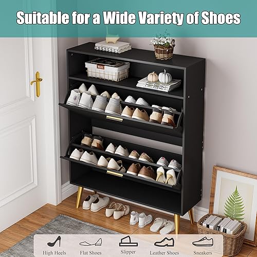 Miniatura 5 de JOZZBY Armario de zapatos para entrada, armario de almacenamiento de zapatos estrecho negro con 2 cajones abatibles y estantes abiertos, organizador