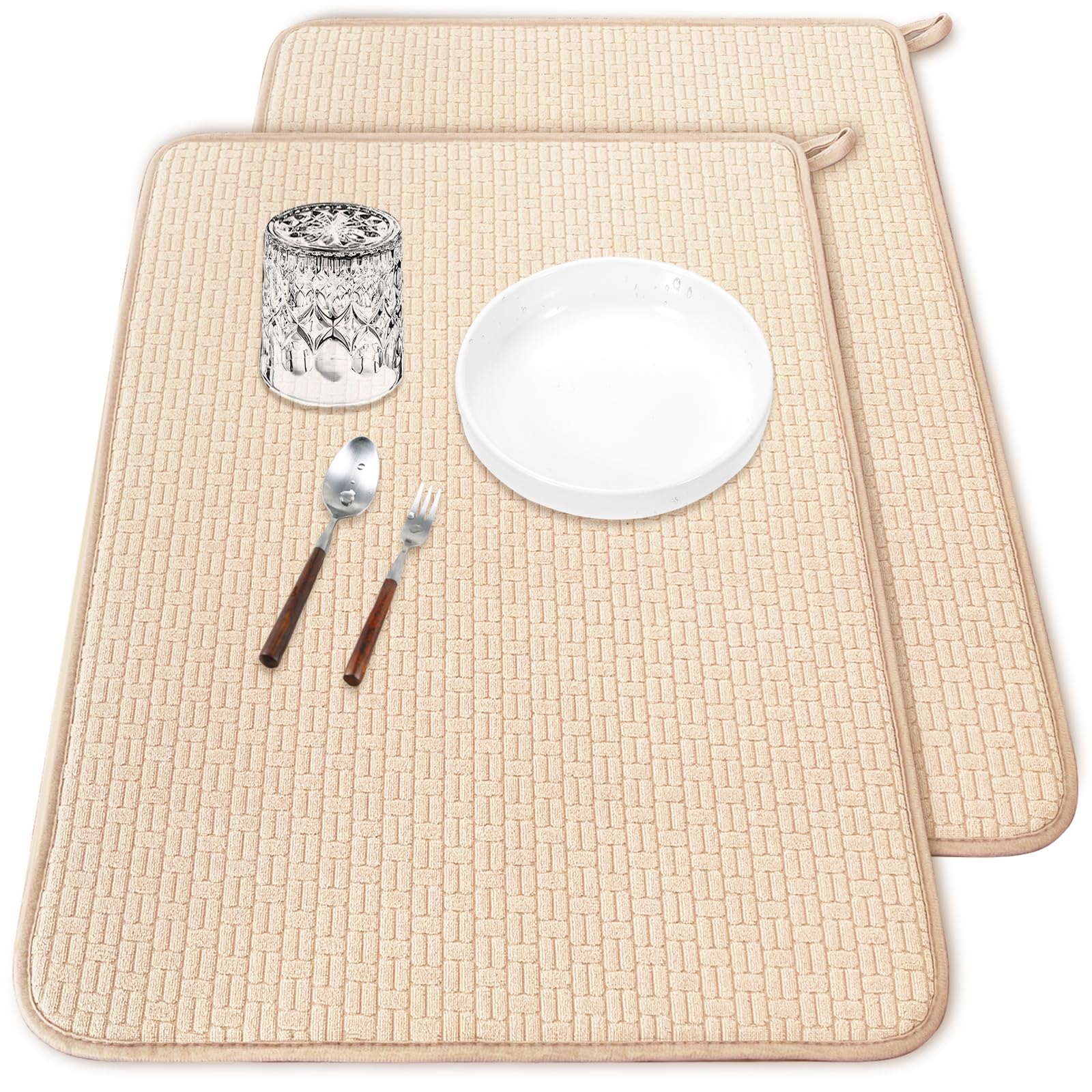 2 Pcs XXL Dish Drying Mats,Absorbent Microfiber Drainer Mat,Large Size 24×17" Pads for Kitchen Counter,Coffee,Rack,Under Sink(Beige)
