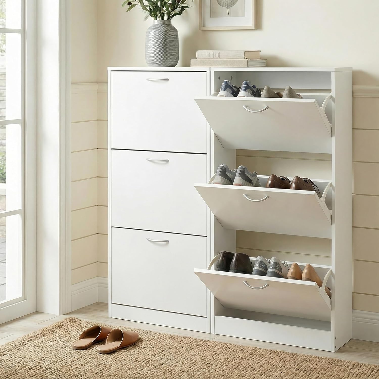 HOPUBUY Shoe Cabinet for Entryway, White Narrow Shoe Storage Cabinet with 3 Flip Drawers, Wood Slim Shoe Rack, 3 Tier Thin Shoe Organizer for Home and Apartment