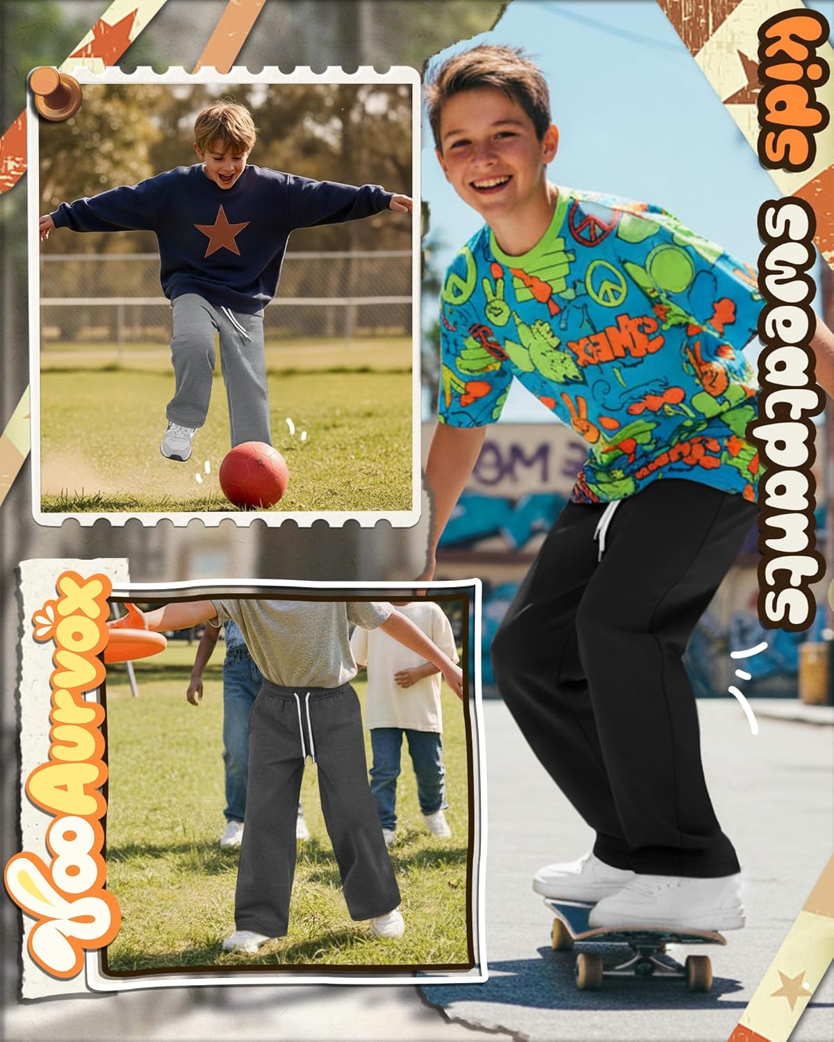 3 Pack Boys Straight Leg Sweatpant Kids Open Bottom Drawstring Athletic Jogger Baggy Elastic Waist Pant with Pocket
