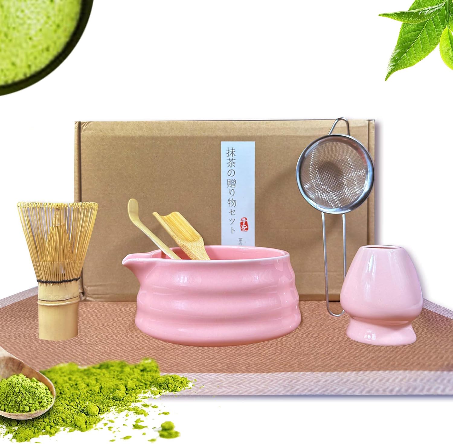 Pink Matcha Tea Set, 6pcs Matcha Whisk Set Pink, Matcha Ceremony Accessory, Whisk Holder, Matcha Bowl, Matcha Whisk, Bamboo Scoop, Sifter, Ceramic Matcha Bowl Tea Ceremony Accessory for Making Matcha