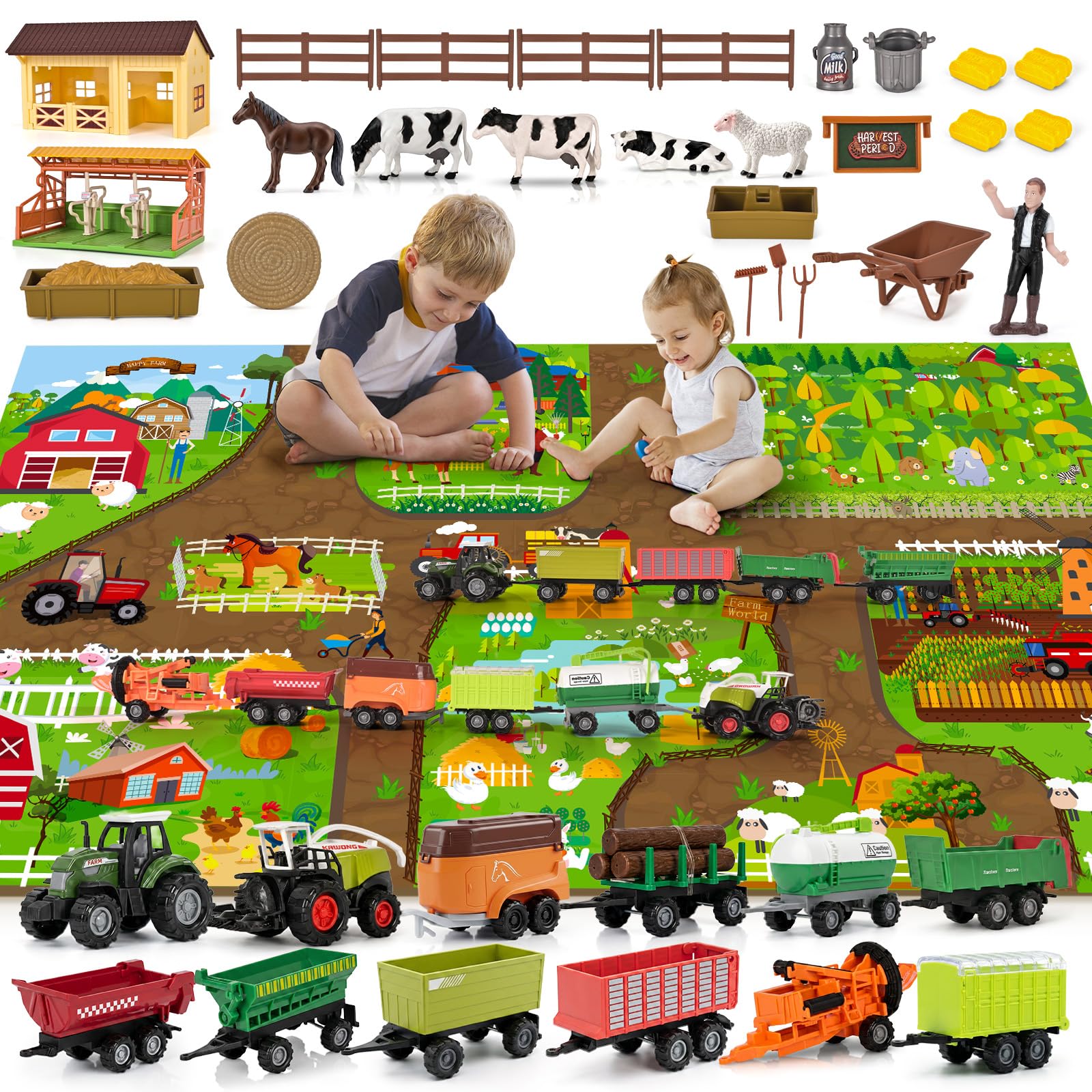 Tractor Set, Die Cast Tractor,Plastic Farm Equipment Accessories with Mat,Animals,Cow and…