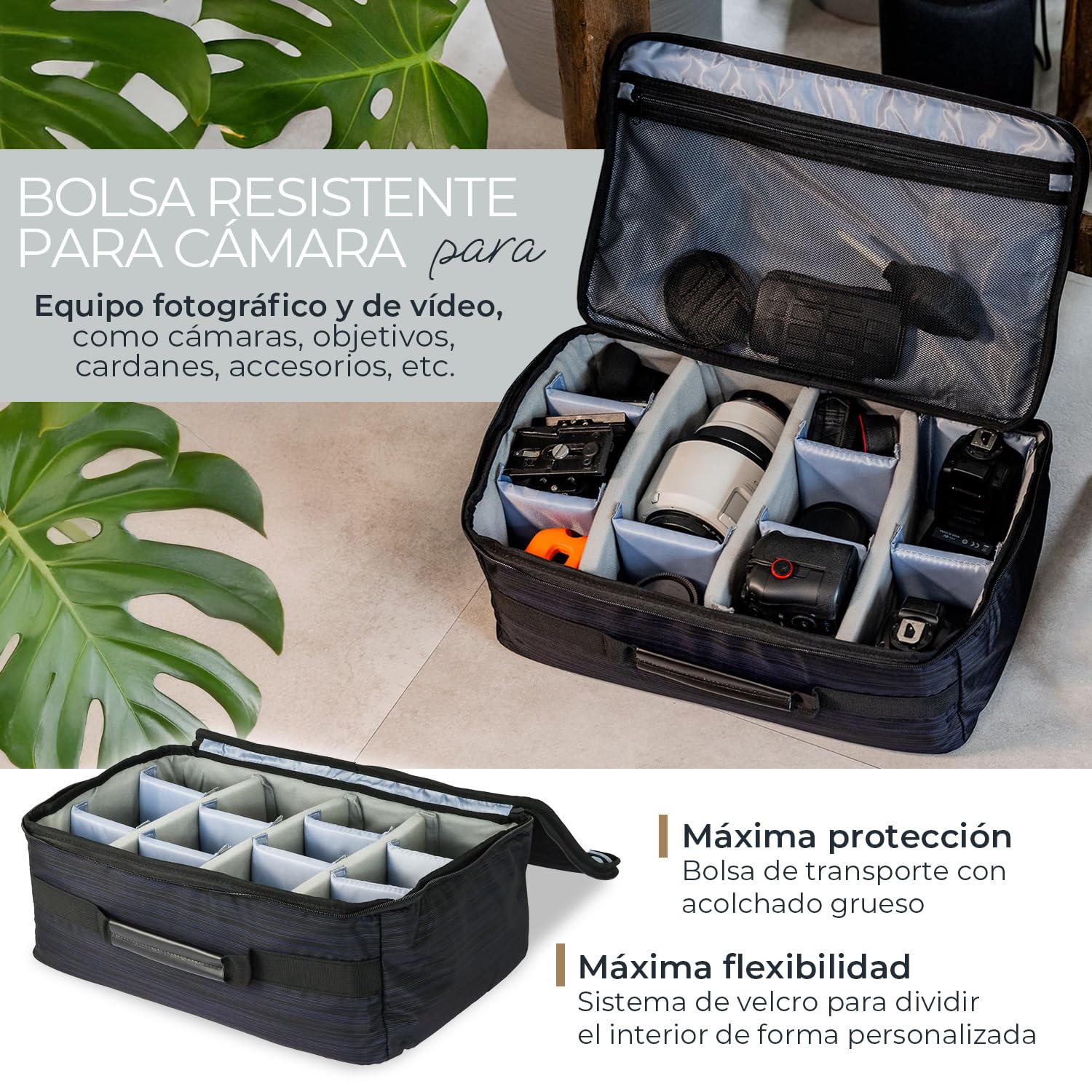 HMF Bolsa para cámara Grande, Bolsa fotográfica Acolchada con Compartimentos de división Variable para DSLR/réflex y cámaras sin Espejo y Accesorios fotográficos | 44 x 28 x 18 cm | Negro