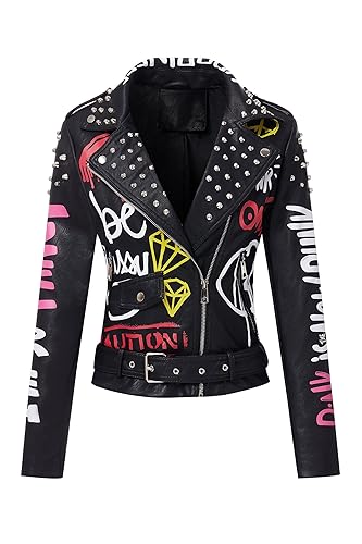 Giolshon Damen Kunstleder Jacke Nieten Floral Moto Biker Kurzer Revers Mantel - L - Schwarz