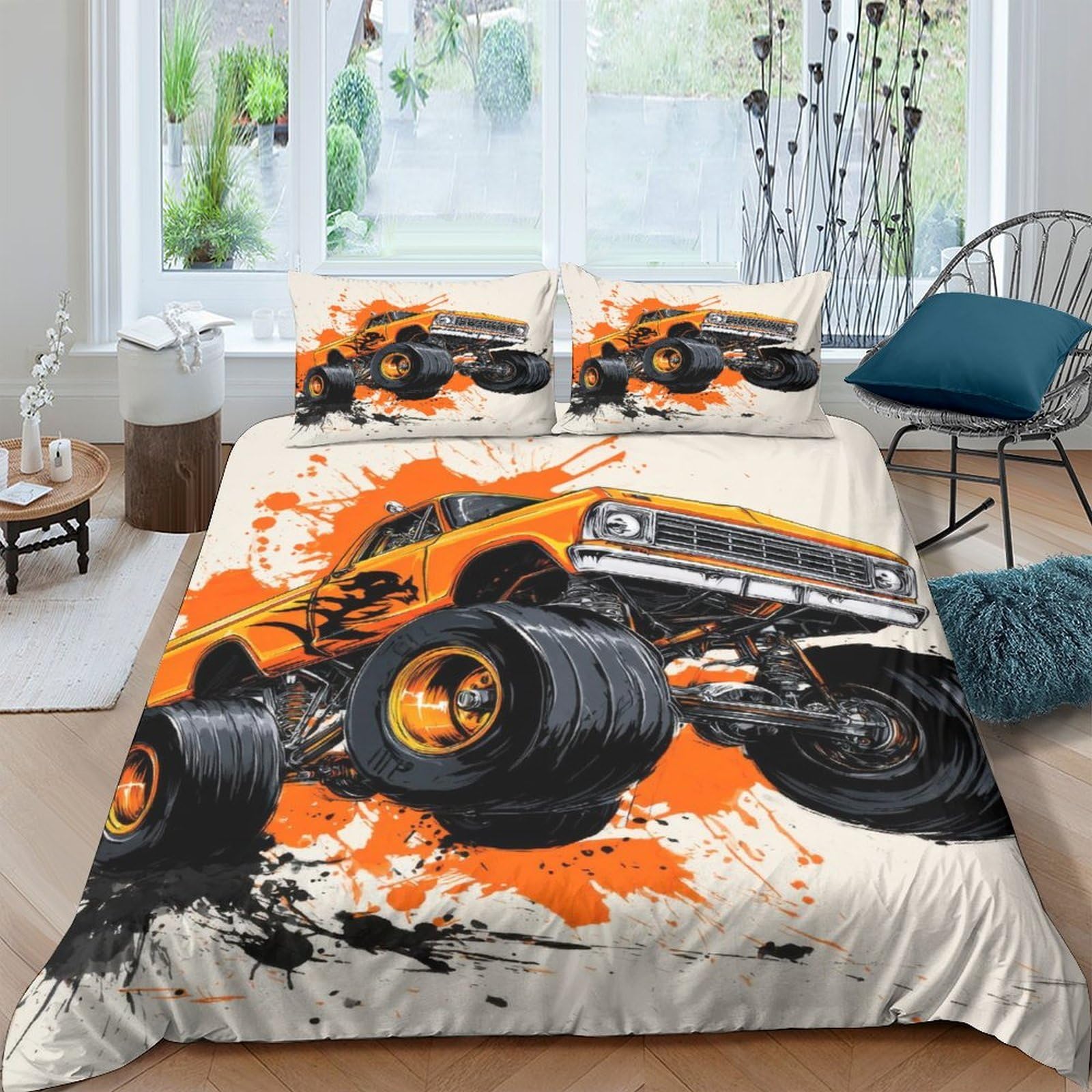 Ctjqhvkz Style-8 3D Printed Orange Monster Truck Fitted Sheet Microfiber Soft Durable Black Splash Mattress Cover Bedroom Decor Single（135X200cm）