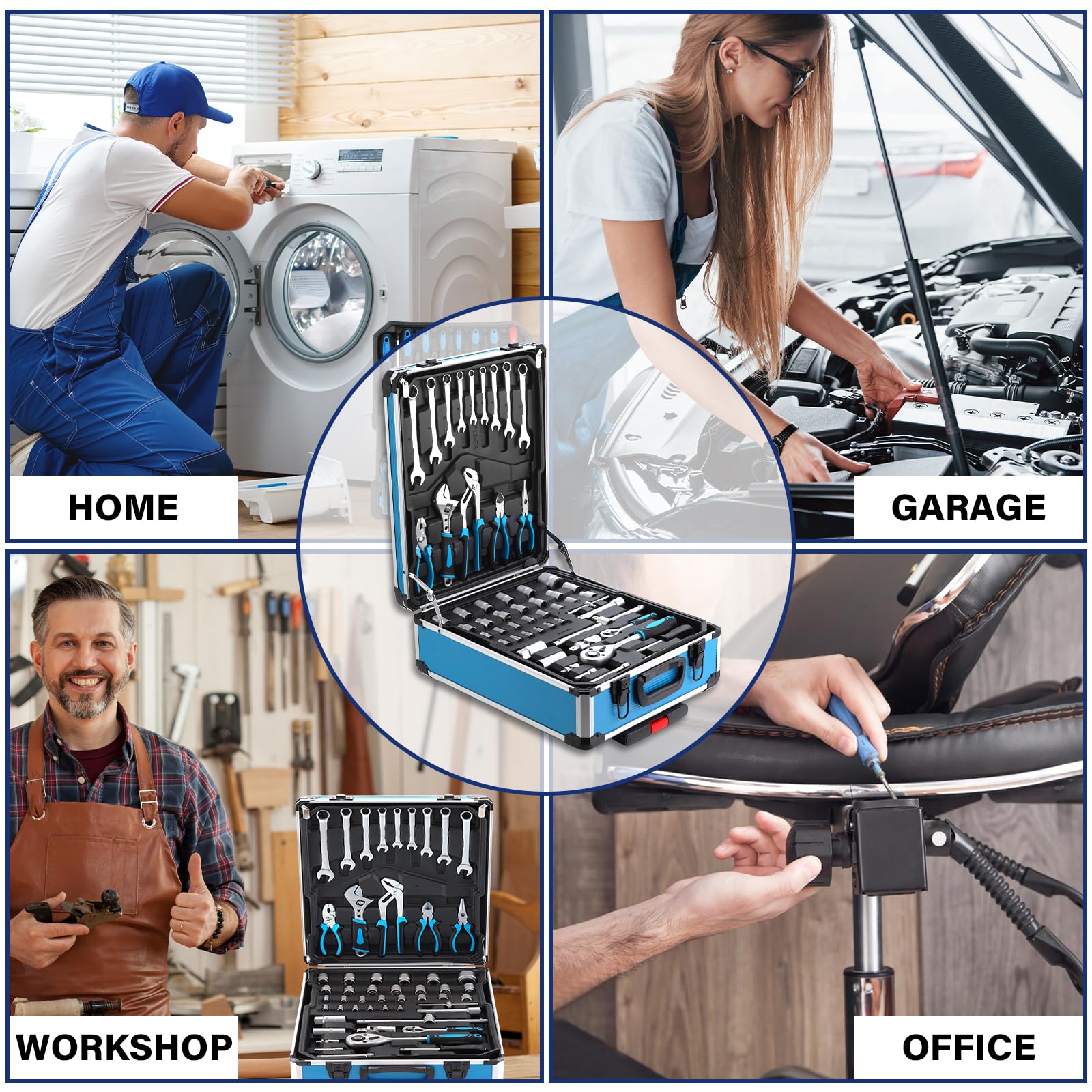 TEENO Boite à Outils | 1000 Pièces | Caisse a Outil en Chrome Vanadium | Outil Multifonction avec Valise Aluminium et Poignée Télescopique | Malette Outils Roulante pour Maison et Auto