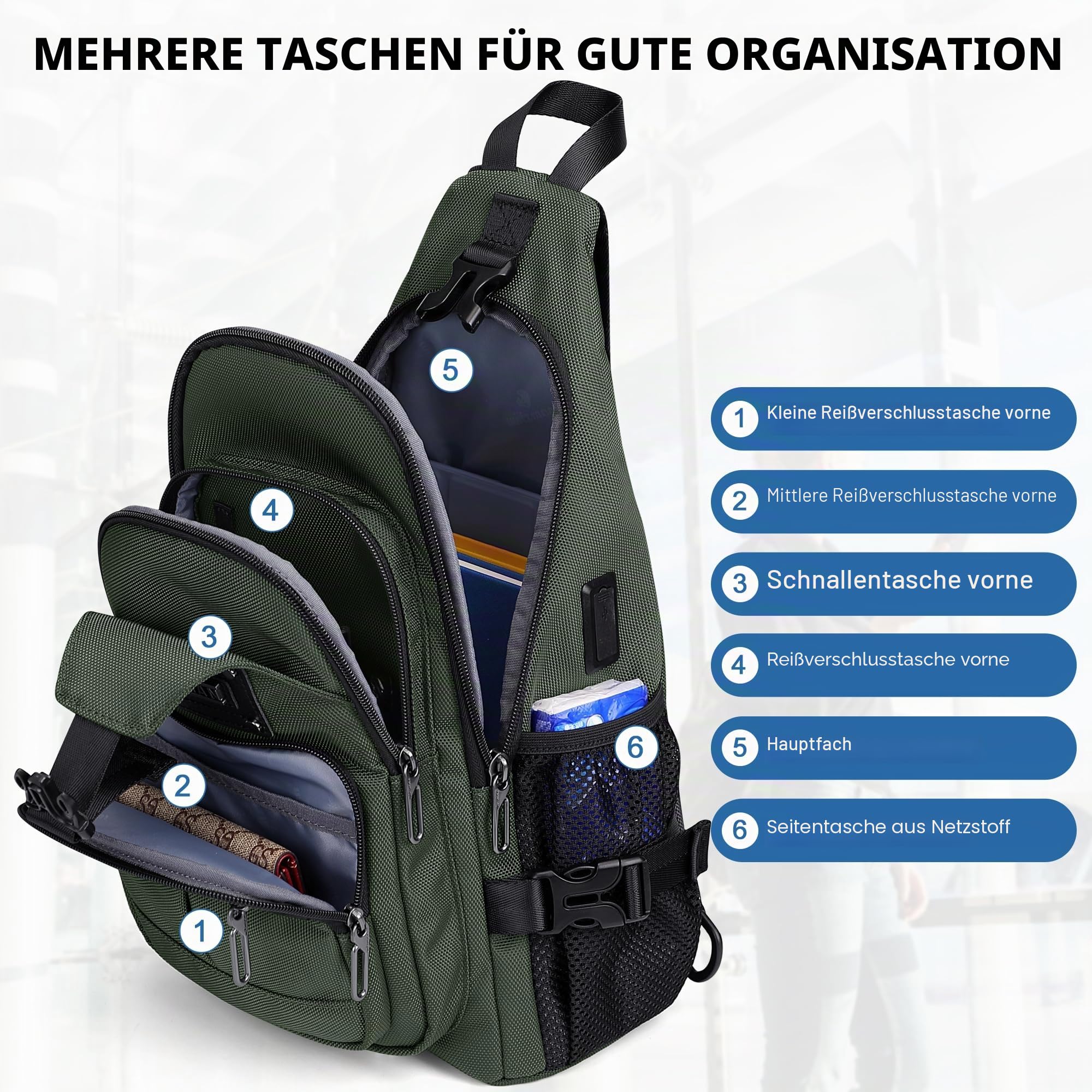 WITZMAN Umhängetasche für Herren 19L Reise Sling Bag mit USB-Ladeport | Schultertasche und Brusttasche Wasserabweisend Mehrere Fächer Passt 9,7 Zoll iPad für Alltag Outdoor und Arbeit,B735