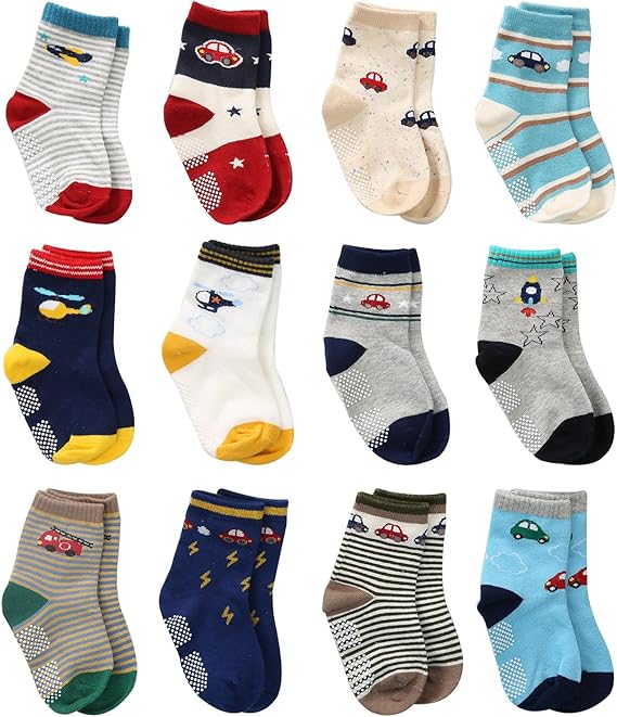 12 Pairs Toddler Boy Non Skid Socks Cute Cotton with Grips, Baby Boys