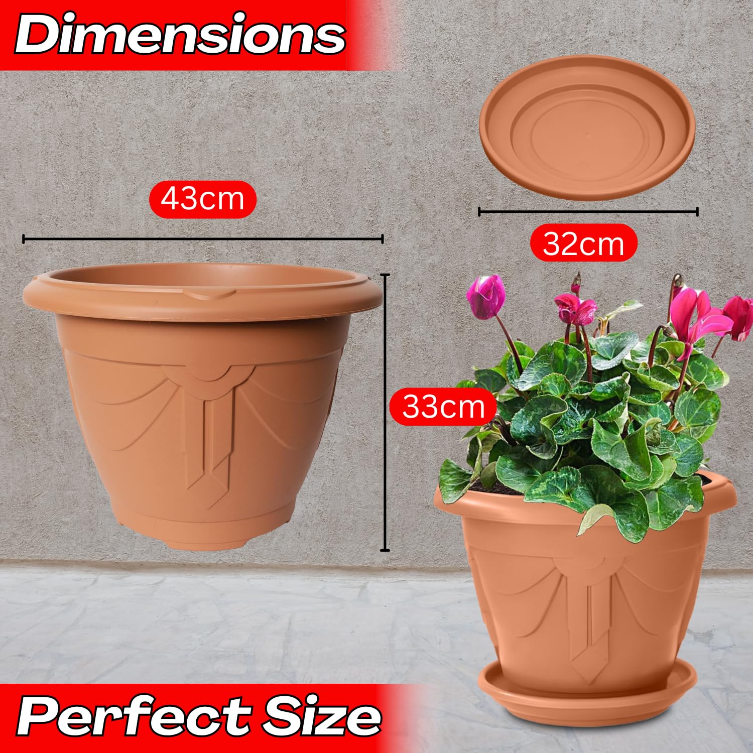 VR7 2 x grandi vasi da giardino rotondi in plastica per piante da giardino in argilla nera lavare da 43 cm a 34 cm (argilla, 2 vasi da fiori da 43 cm)