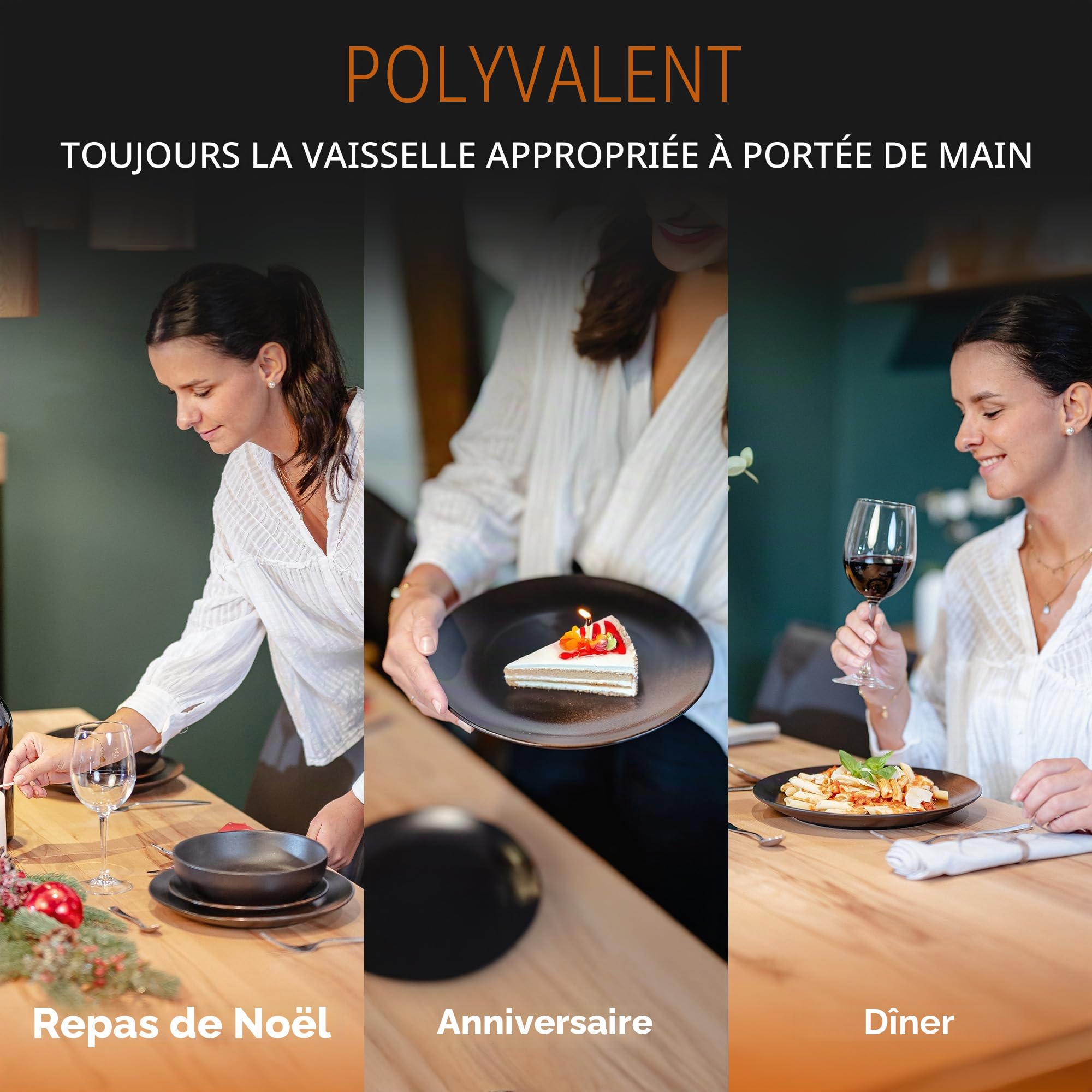 Service de table 12 pièces en grès – Ligne Prairie – Design élégant dans une teinte marron/noir, service composé de 4 assiettes plates, 4 assiettes à dessert et 4 assiettes creuses/collection