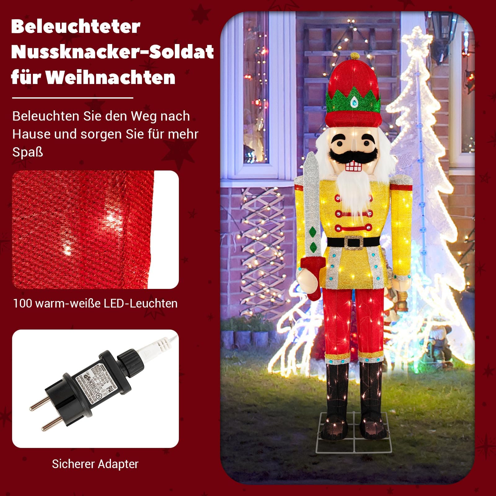 COSTWAY Weihnachten Nussknacker Figur groß, beleuchtete Weihnachtsdeko XXL, 166 cm Weihnachtsfigur mit LED-Lichtern, Weihnachtsdekoration, Weihnachtsbeleuchtung für außen und innen