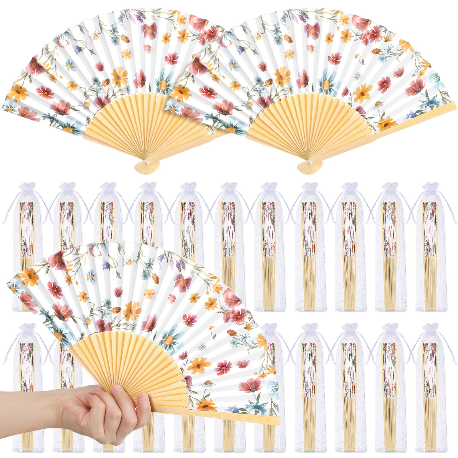 Photo 1 of Vercraft 25 Sets Wildflower Hand Folding Fans with Organza Bags Bulk, Guests Wildflower Wedding Favors for Decorations Rustic Garden Paper Fans for Bridal Shower Wedding Bridesmaid Gift