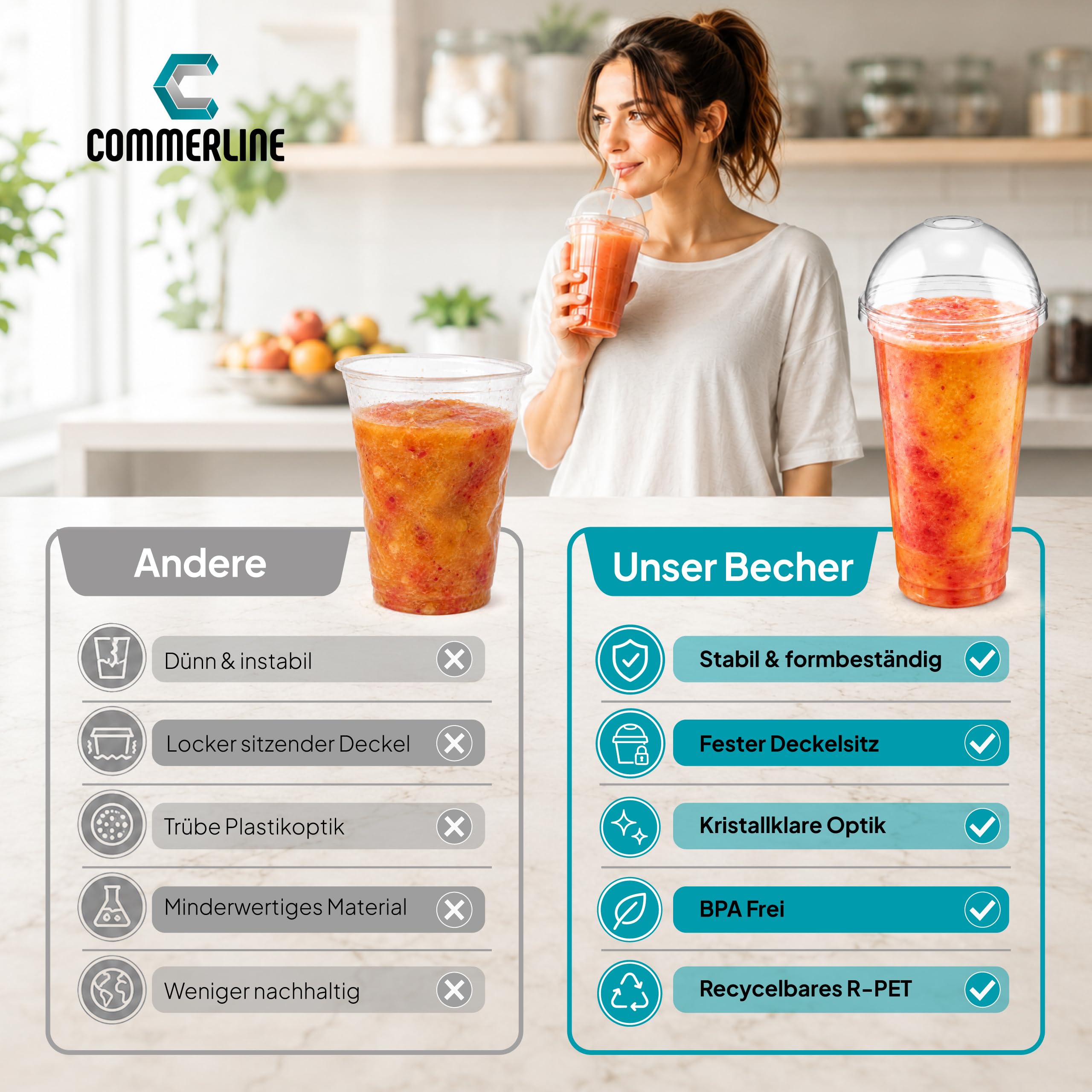 Commerline 100 sztuk kubków do smoothie 500 ml z pokrywką z otworem do smoothie, plastikowe kubki na wynos, kubki do picia + pokrywka z otworem, kubki deserowe, kubki do herbaty bąbelkowej, kubki z