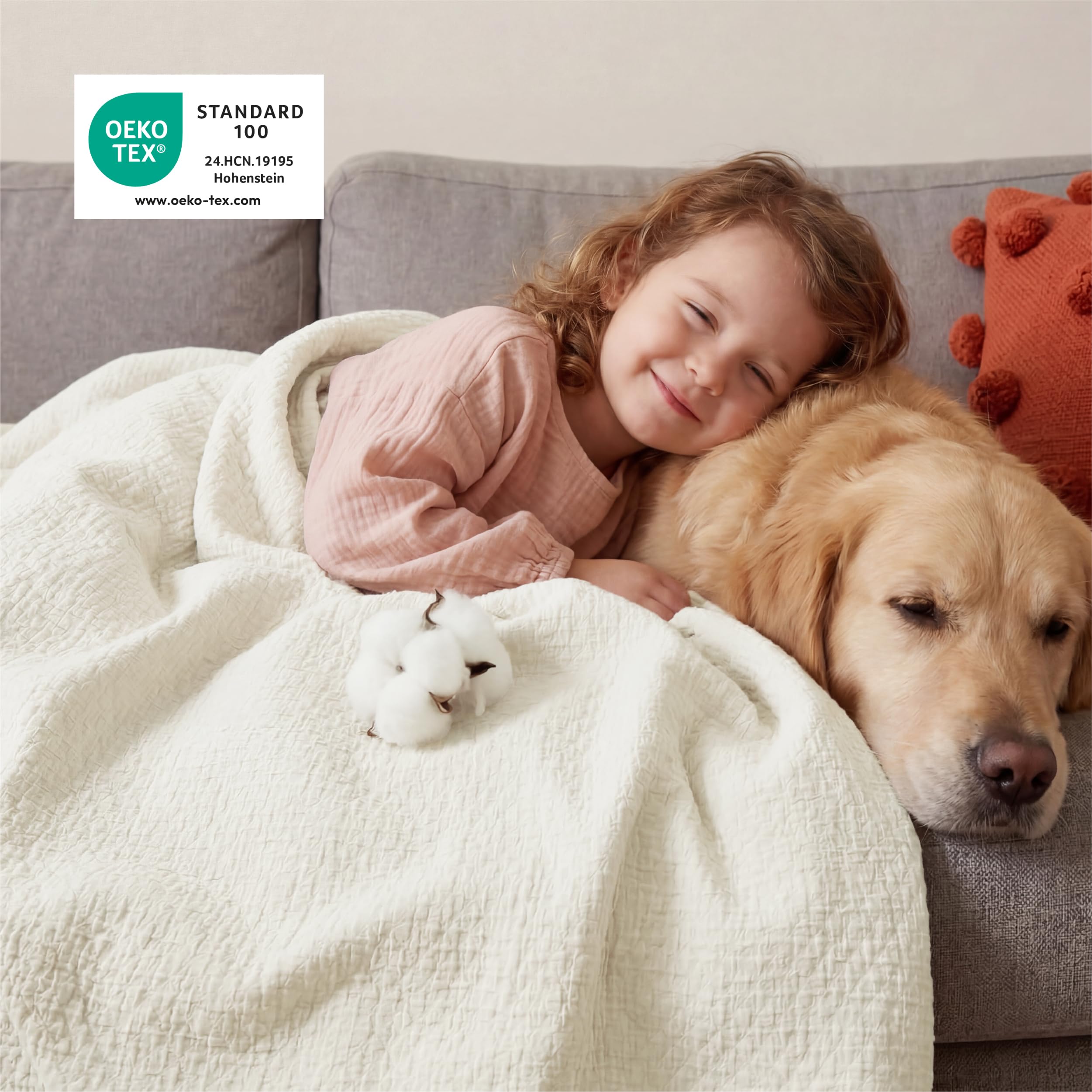 Bedsure Coperta Divano 100% Cotone - Bianco, 150x200 cm, Adatta Per Animali | Tessuto A 2 Strati Leggero E Traspirante, Sicuro Per Persone E Animali, Ideale Per Soggiorno, Camera Ed Esterno