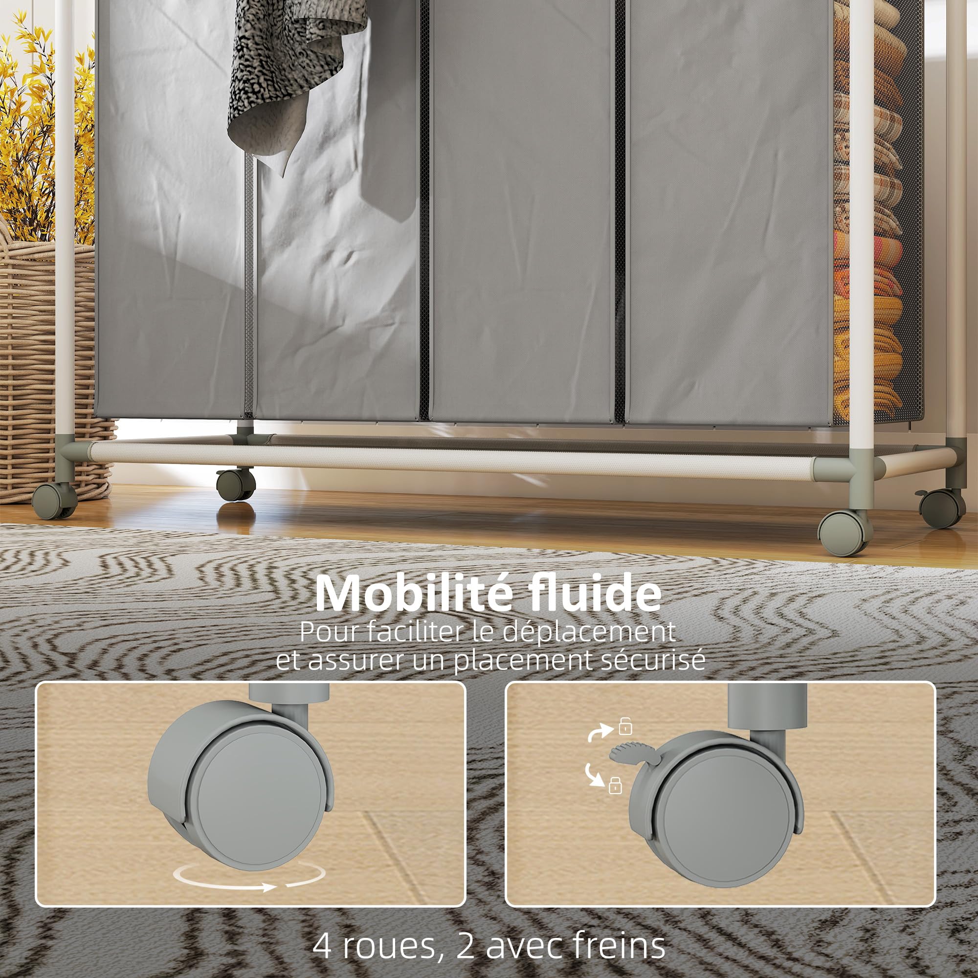 HOMCOM Panier à Linge Mobile 4 Compartiments 4 x 40L Gris | Corbeille à Roulettes, 4 Sacs Amovibles, Chariot Linge Sale, Buanderie, Chambre, Salle de Bain