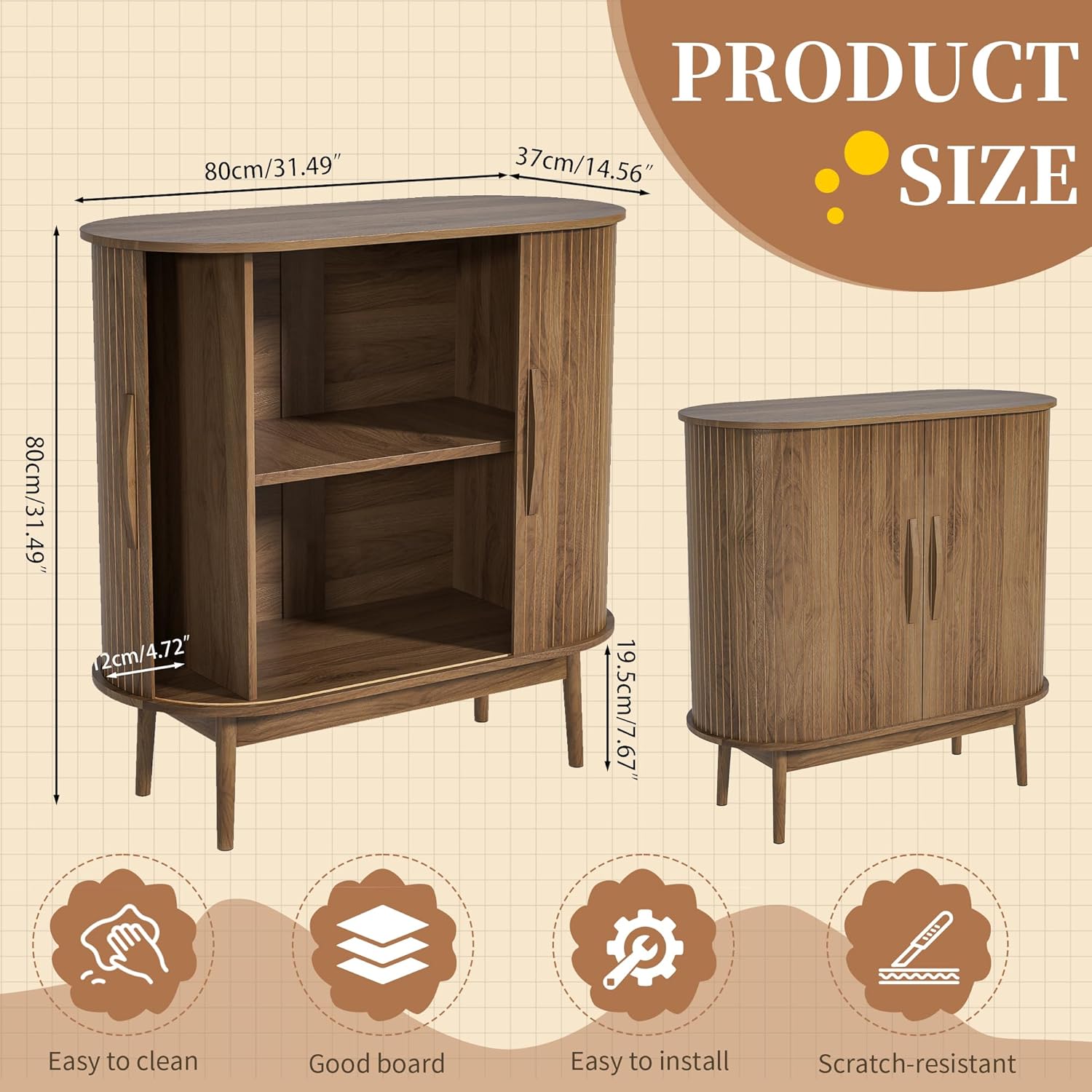 Small Sideboard Buffet Cabinet with Storage, Sliding Doors, 31" Wood Narrow Accent Storage Cabinet, Modern Buffet Table Coffee Bar Cabinet for Kitchen, Living Room (Walnut)