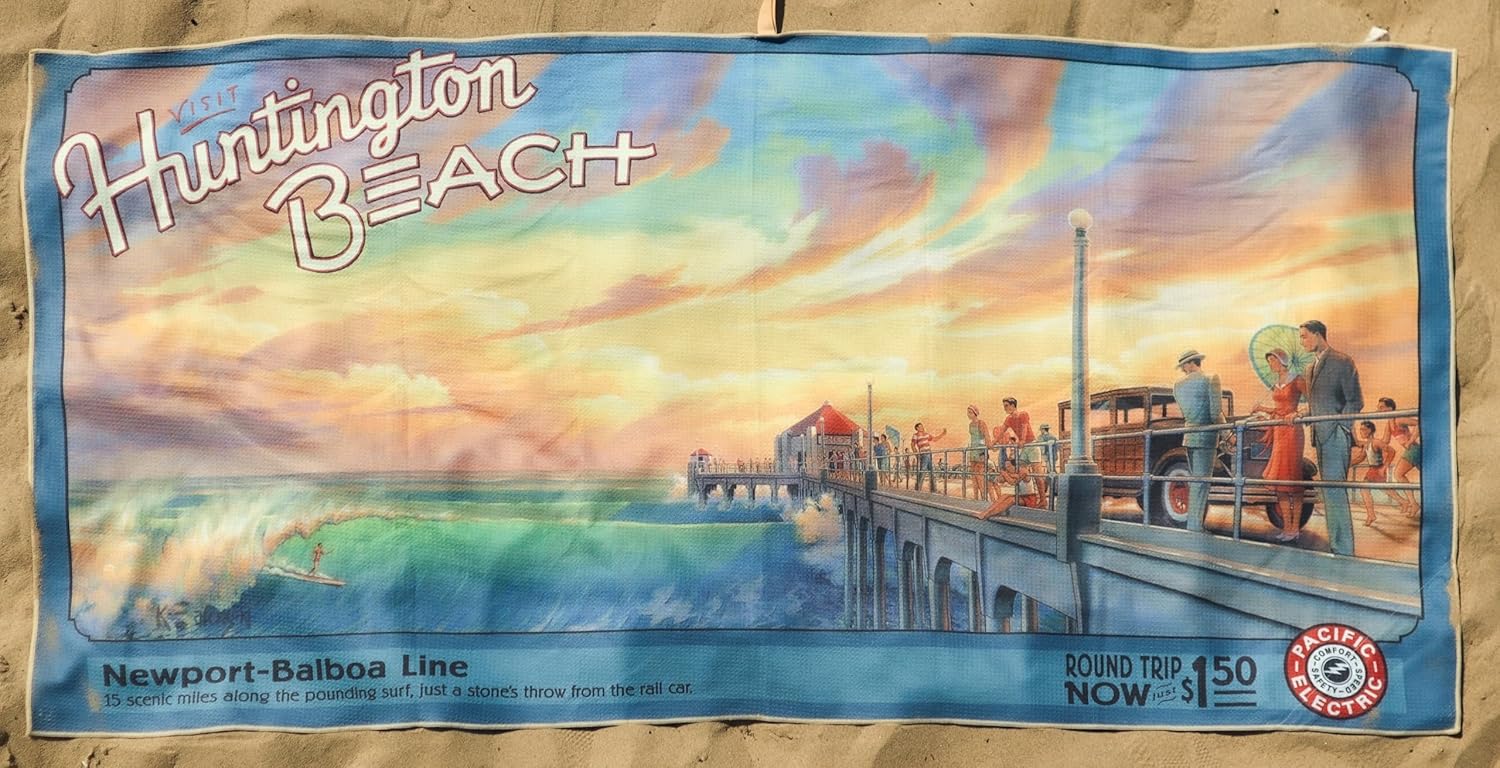 Coronado Microfiber Beach Towel – Quick Dry, Sand Free & Lightweight – Large Beach Towel with Hidden Pocket – Fast Drying Beach Blanket for Travel, Pool, Outdoors – Retro California Art