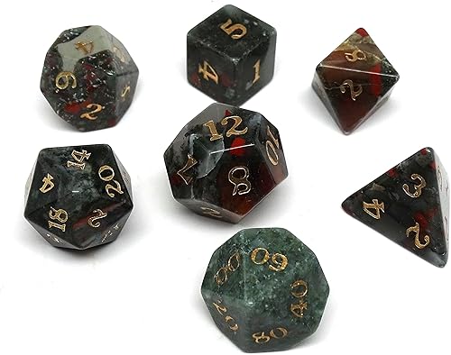 Stone Dice Collection - Colección de 7 piezas de dados de piedra semipreciosa con fuente de firma (piedra de sangre africana)